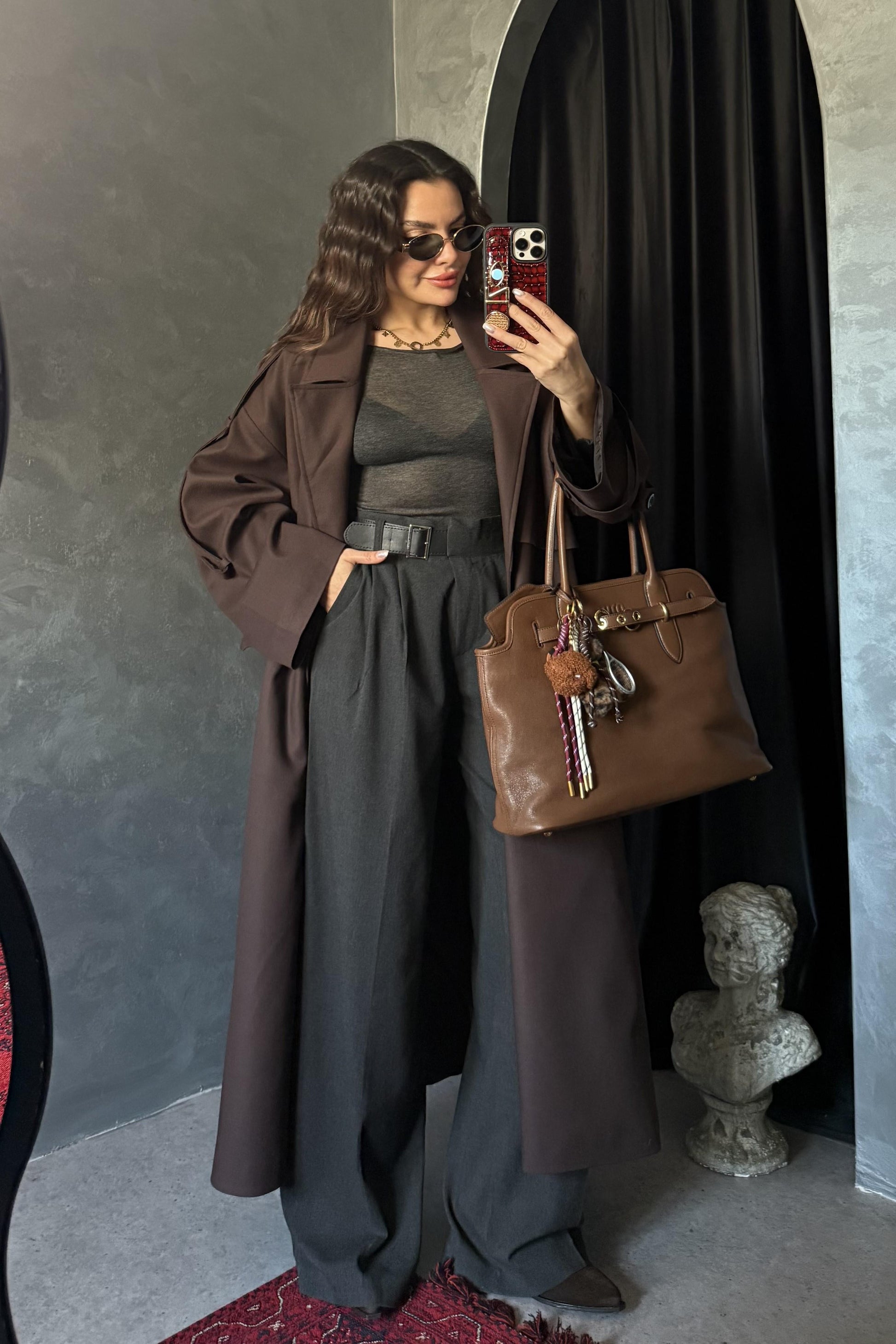 Brail Koyu Kahve Premium Bel Kuşaklı Trenç