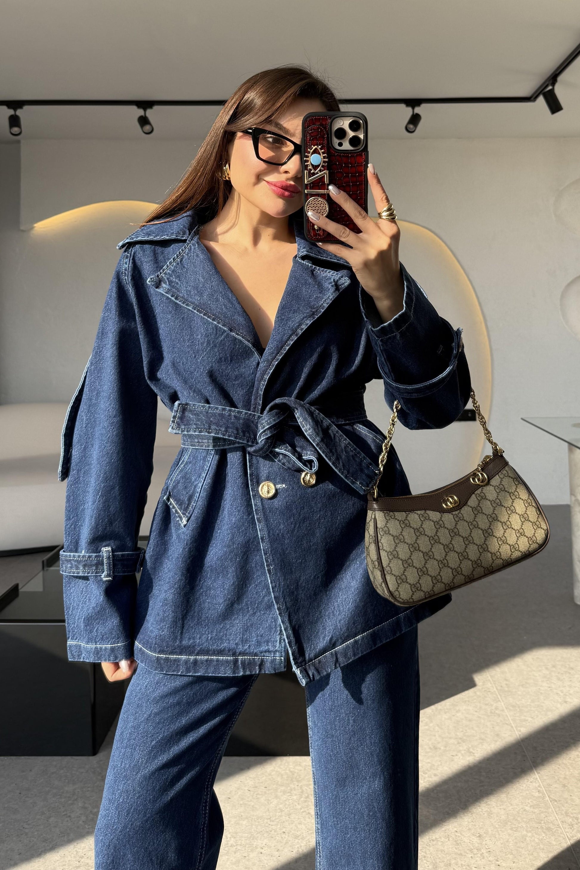 Brendon Denim Gold Düğmeli Kuşaklı Ceket