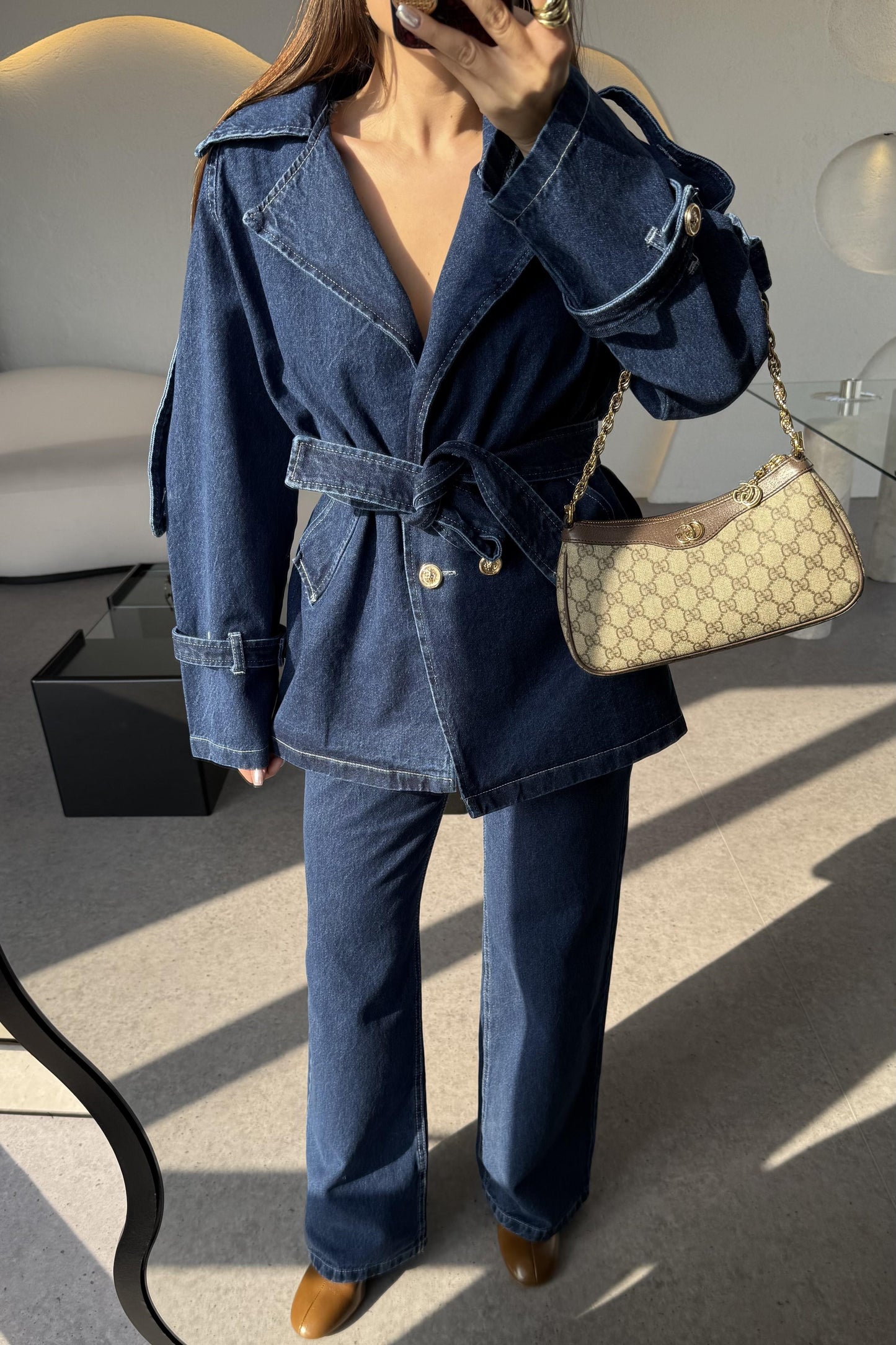 Brendon Denim Gold Düğmeli Kuşaklı Ceket