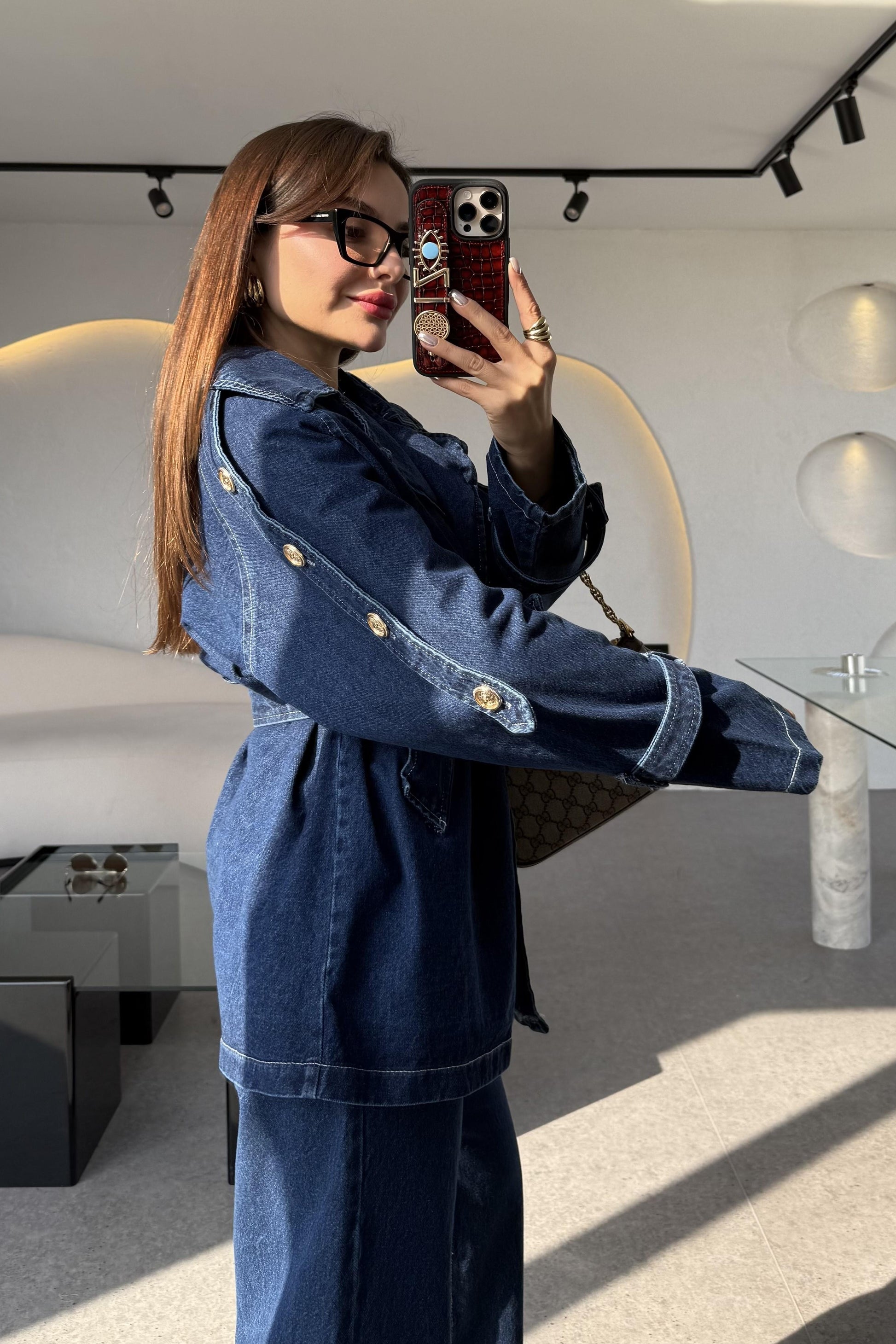 Brendon Denim Gold Düğmeli Kuşaklı Ceket