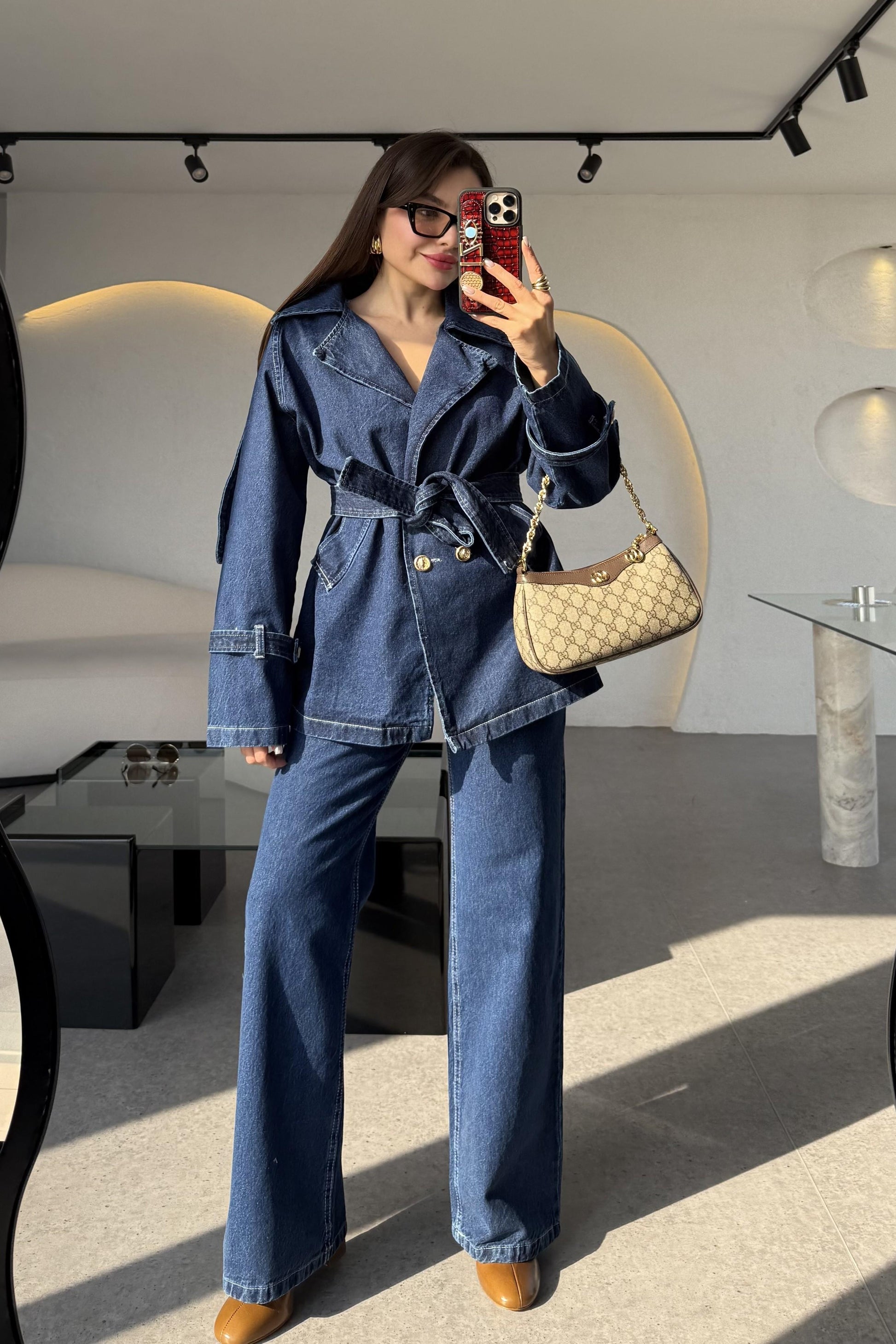 Brendon Denim Gold Düğmeli Kuşaklı Ceket