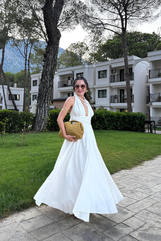 Briella Beyaz Boyundan Bağlamalı Keten Elbise