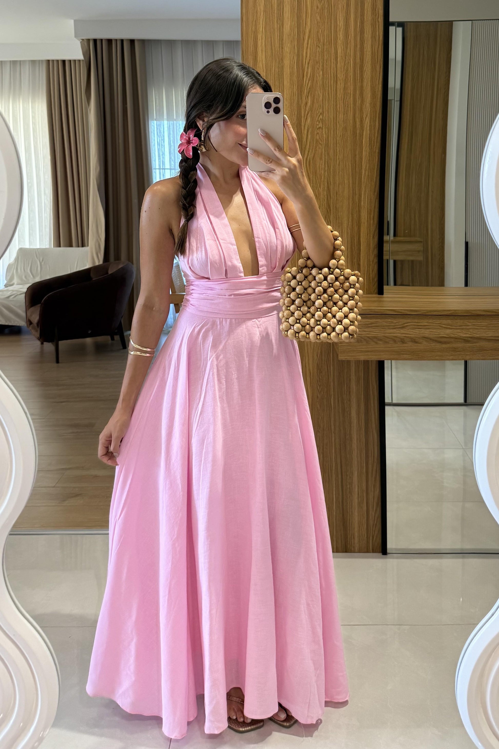 Briella Pembe Boyundan Bağlamalı Keten Elbise