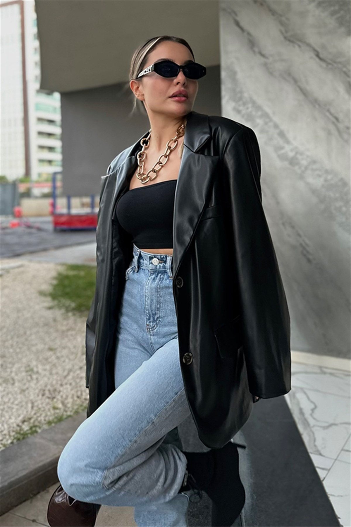 Brıenne siyah deri blazer ceket