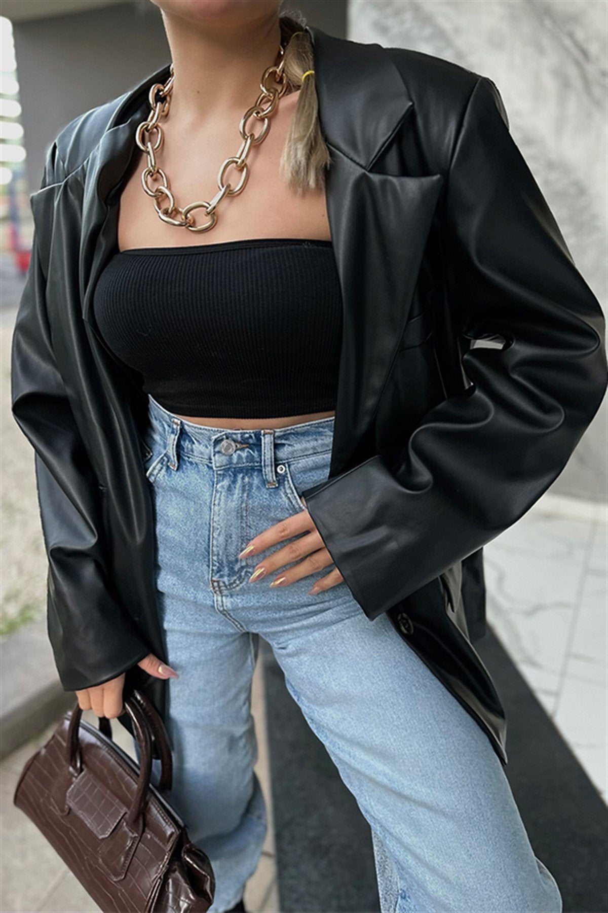 Brıenne siyah deri blazer ceket