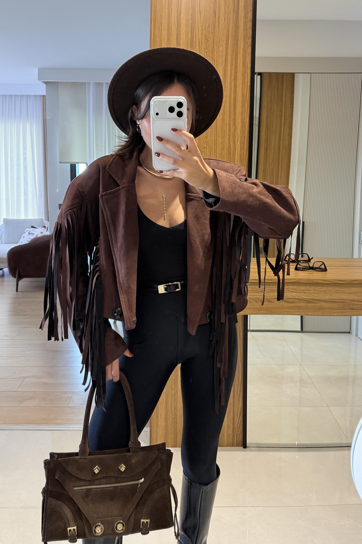 Calixa Kahve Püsküllü Süet Ceket