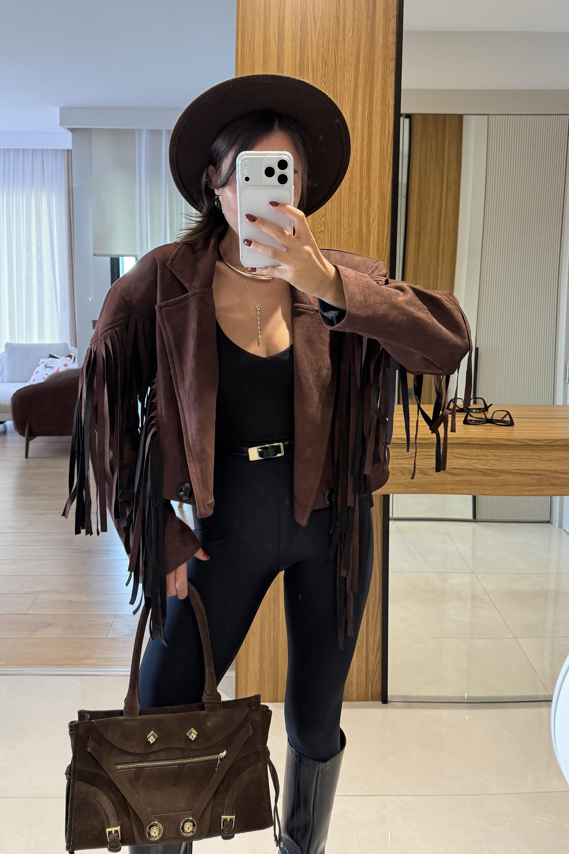 Calixa Kahve Püsküllü Süet Ceket