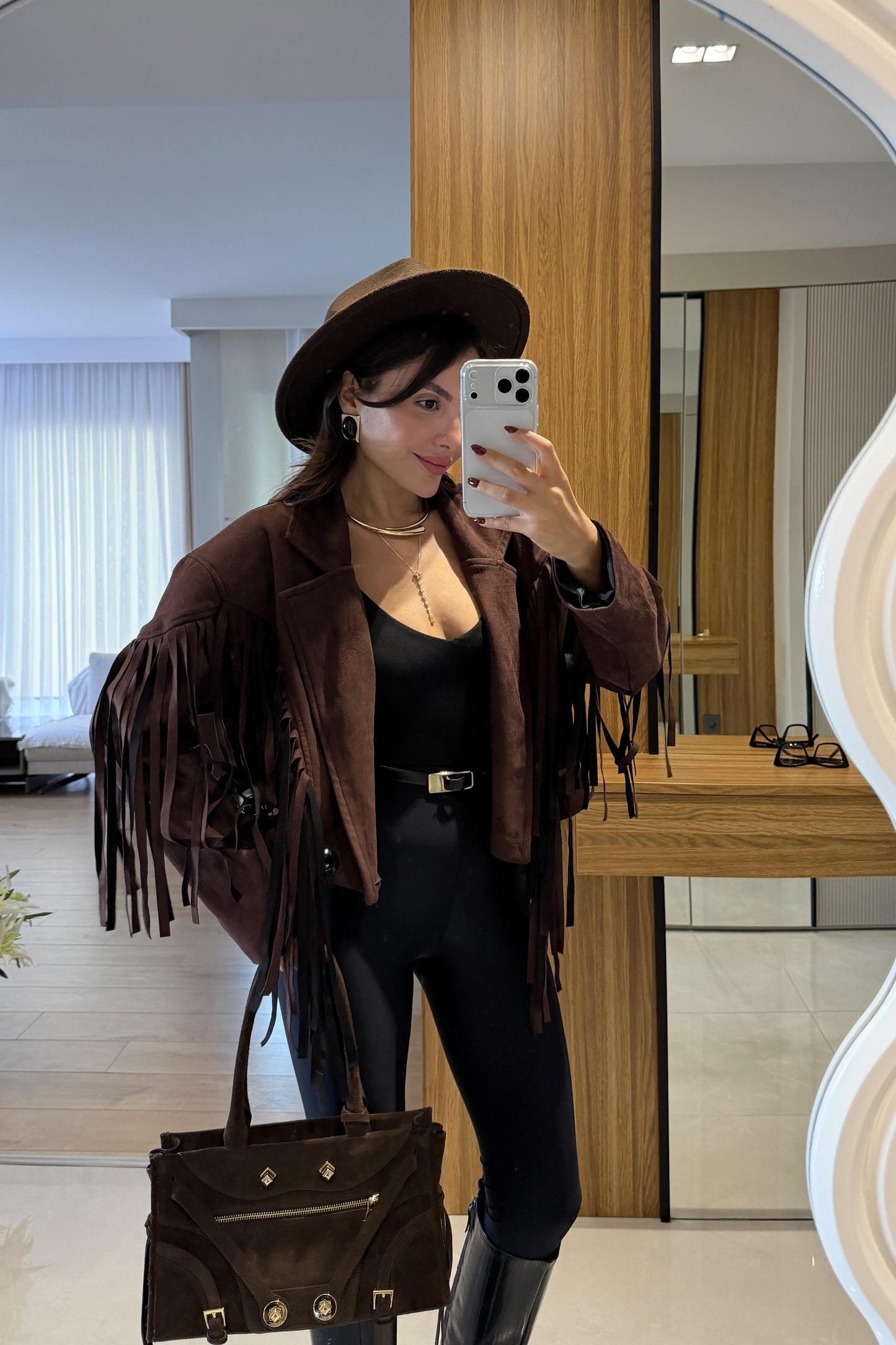 Calixa Kahve Püsküllü Süet Ceket