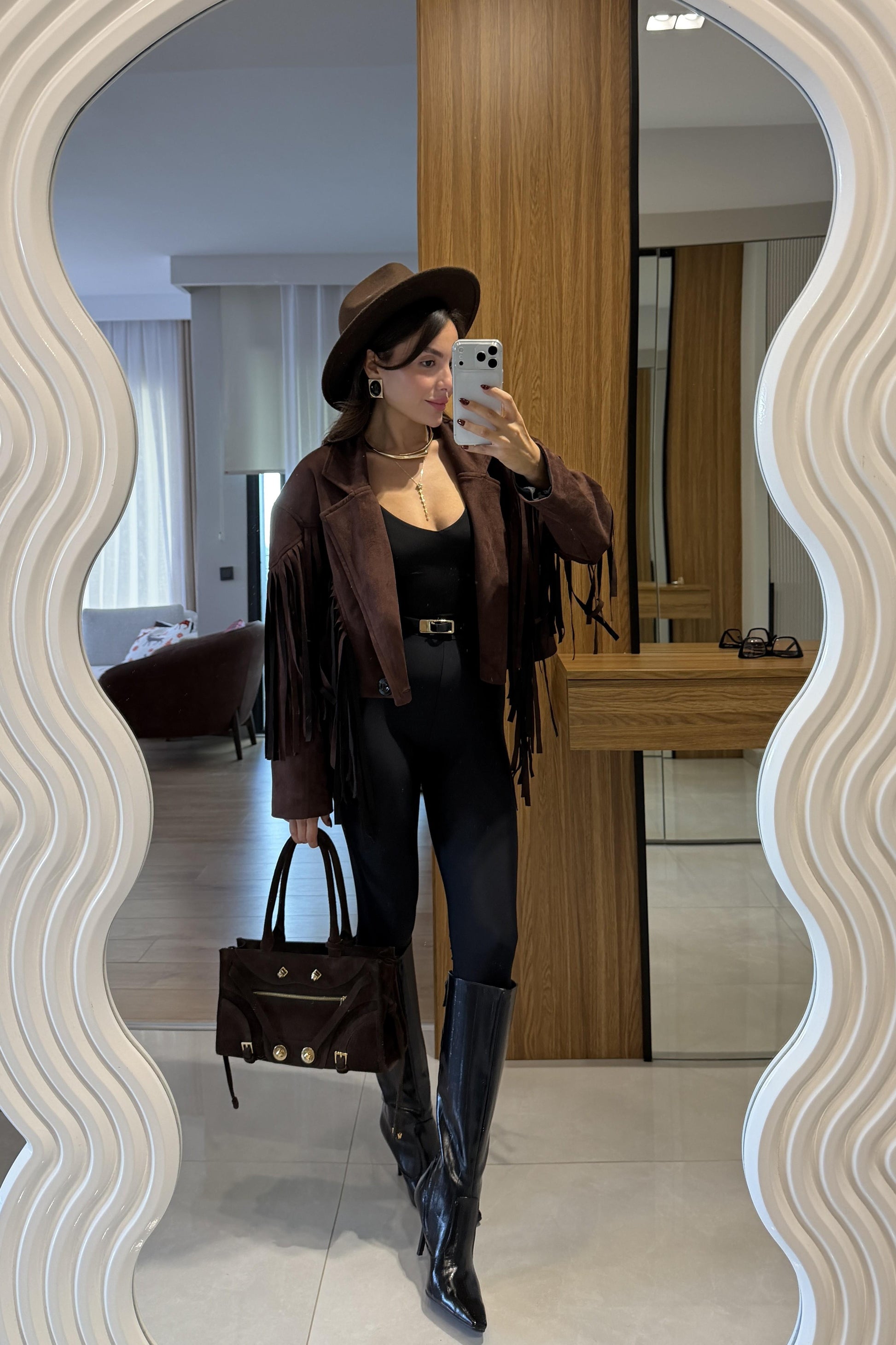 Calixa Kahve Püsküllü Süet Ceket