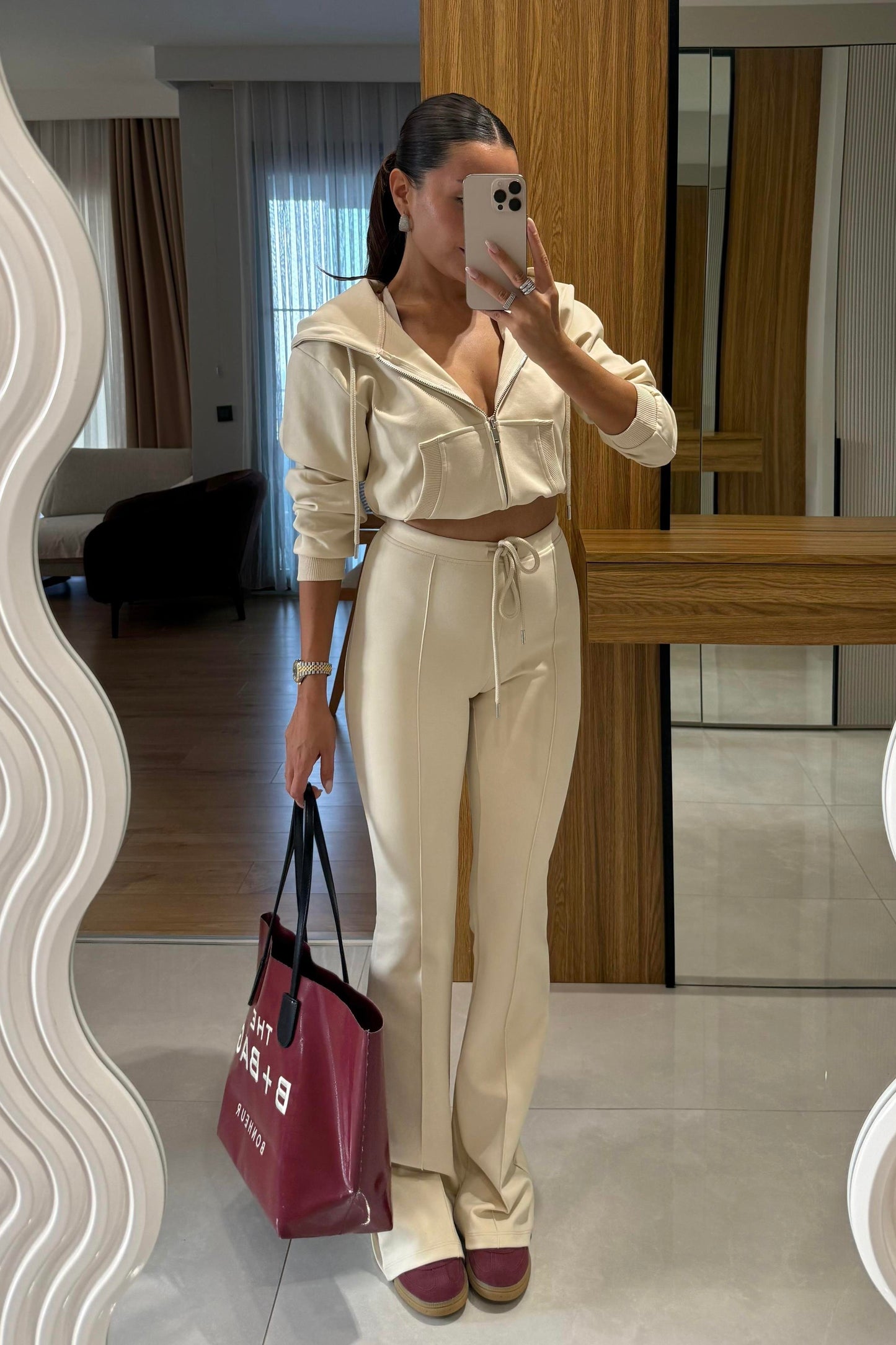 Camille Bej Kapüşonlu Premium Kumaş Takım