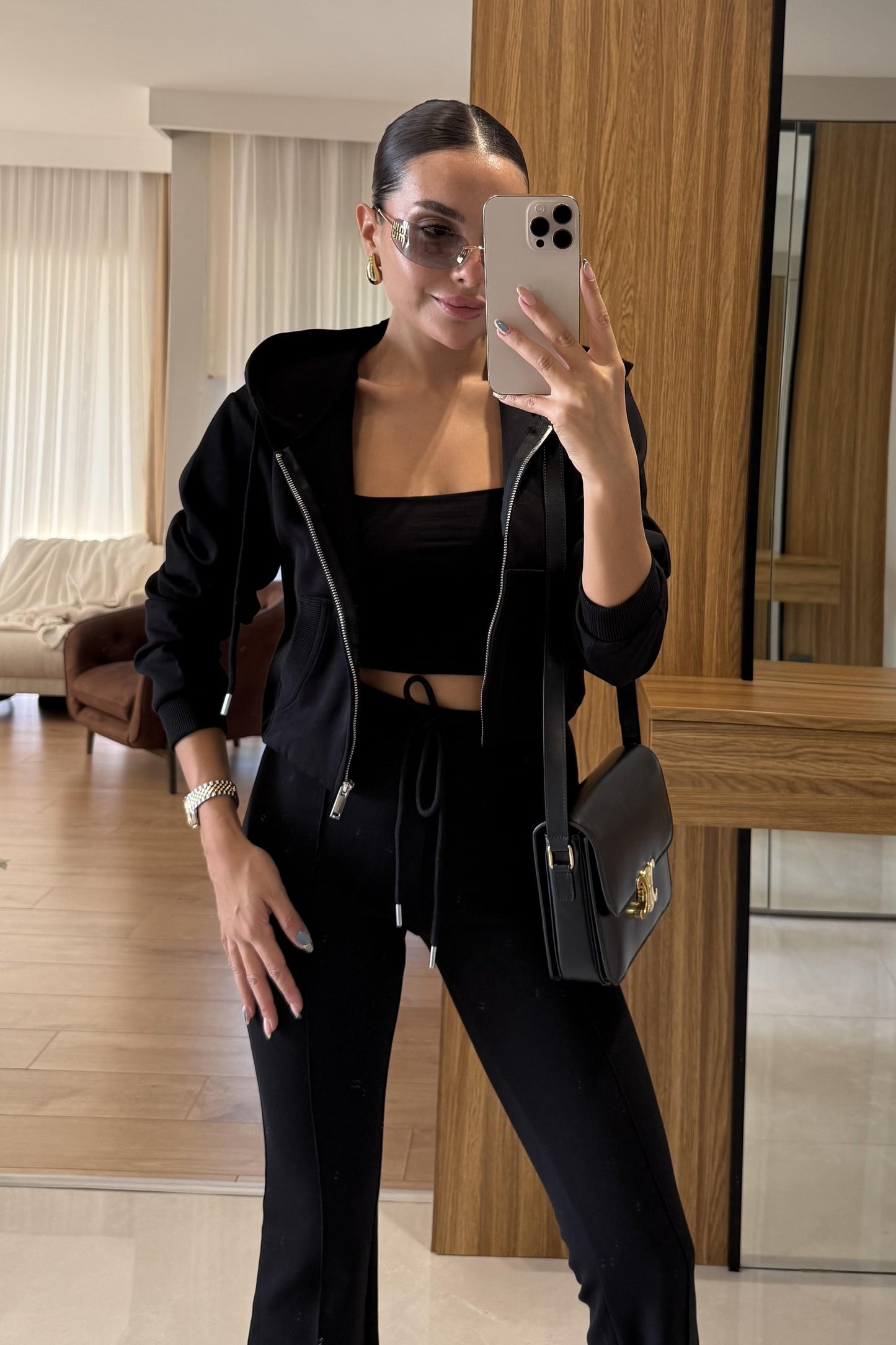 Camille Siyah Kapüşonlu Premium Kumaş Takım