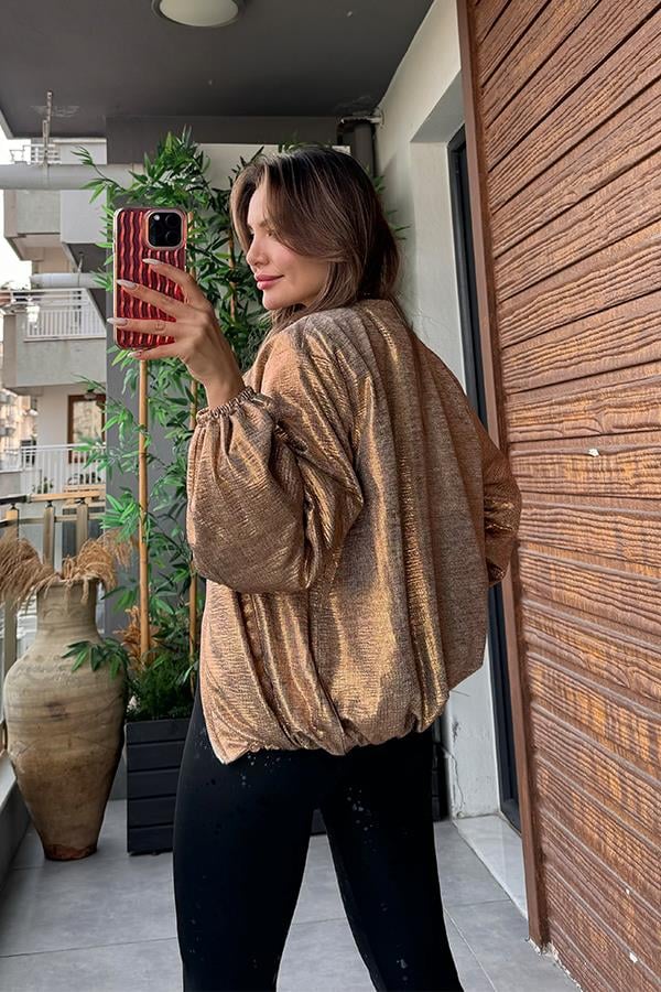 Cape Parıltılı Bomber Ceket - Bronz