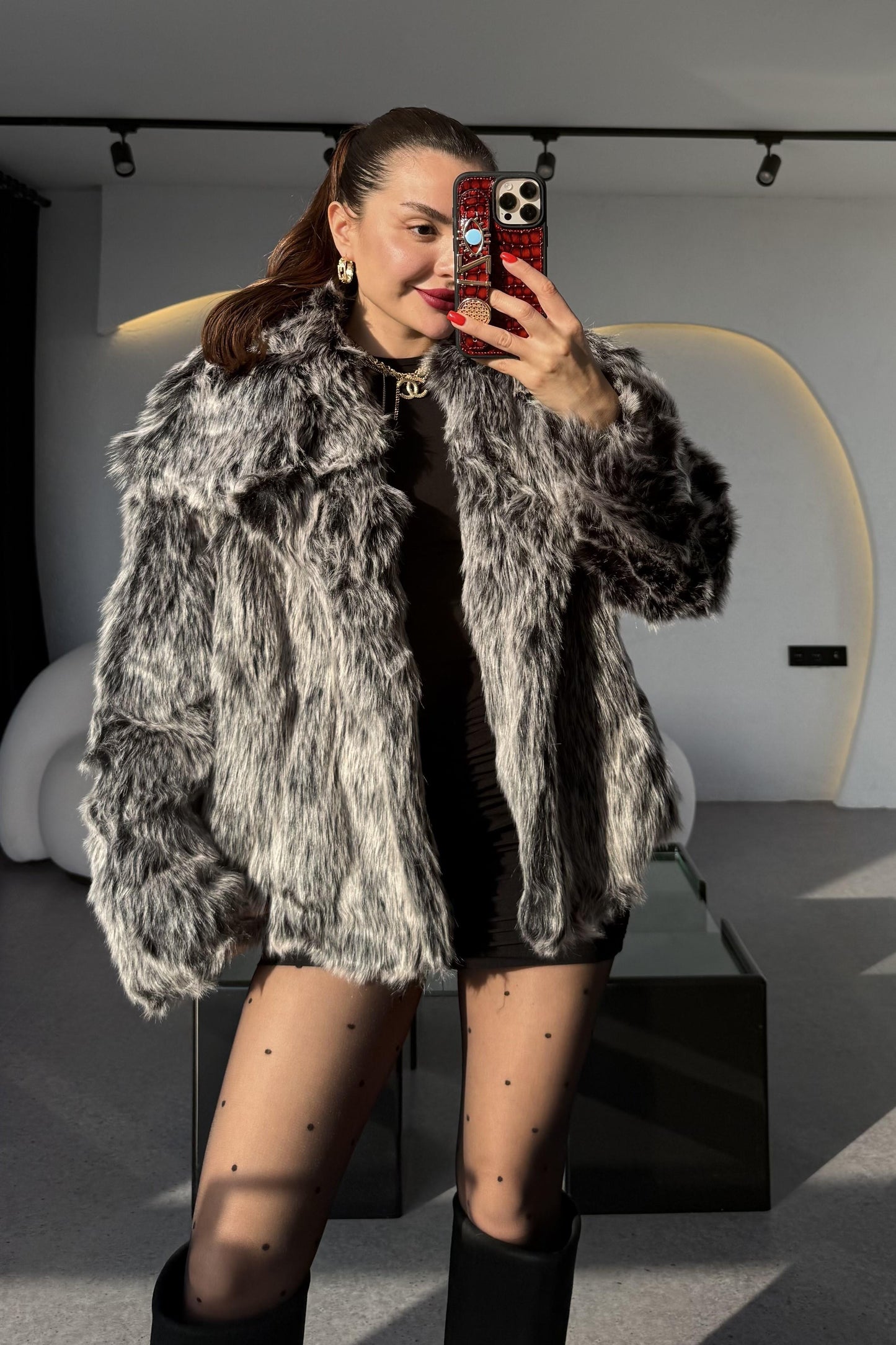 Carlota Gri Premium Geniş Yakalı Kürk