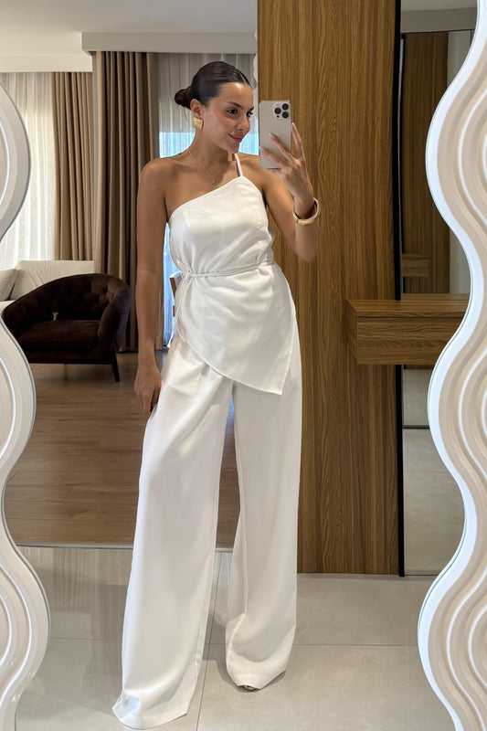 Casandra Beyaz Tek Omuz Askılı Straplez Bluz Takım
