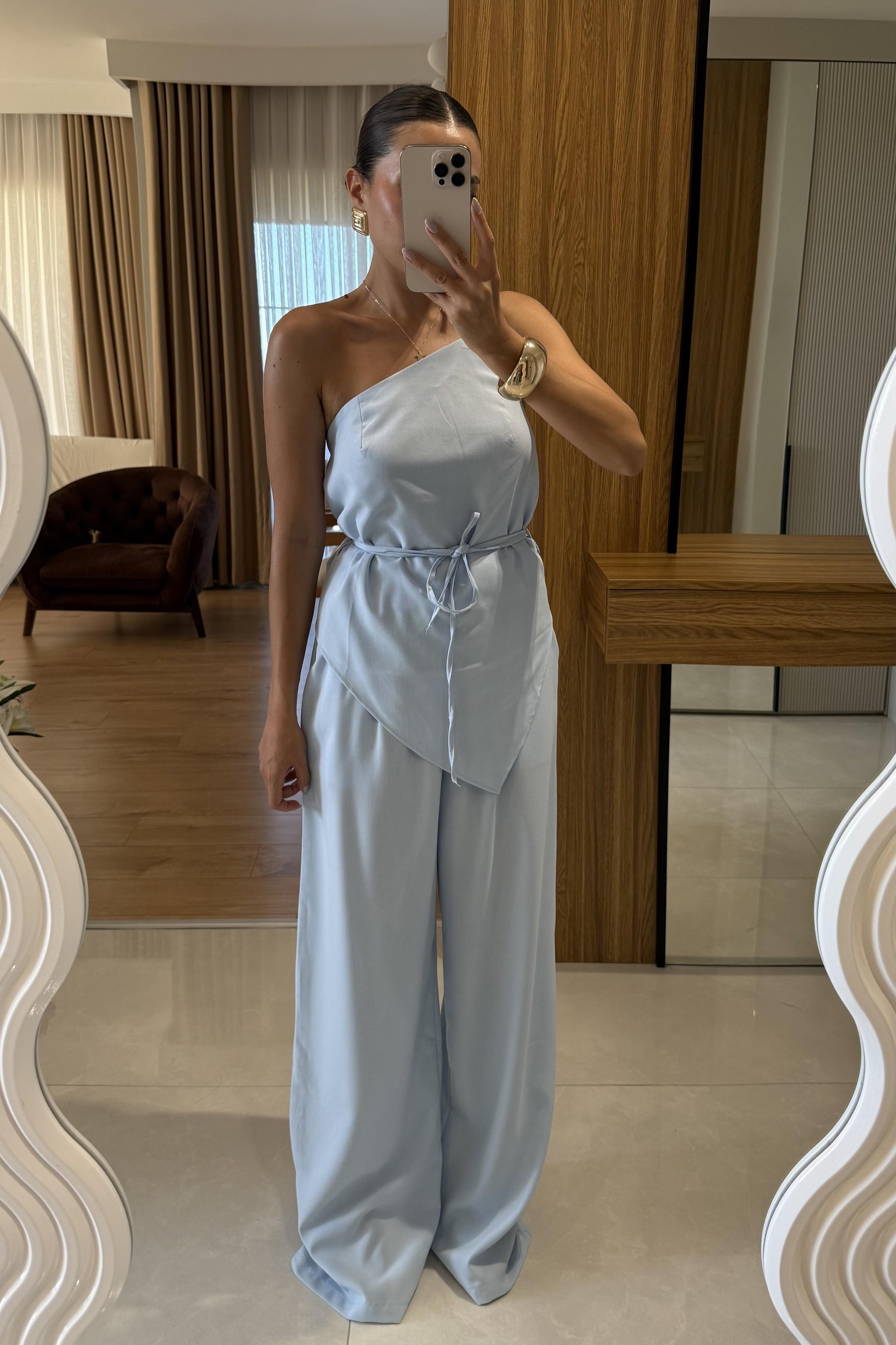 Casandra Mavi Tek Omuz Askılı Straplez Bluz Takım