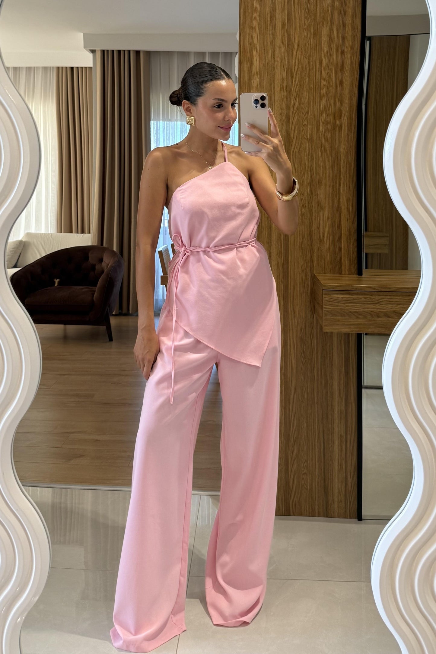 Casandra Pembe Tek Omuz Askılı Straplez Bluz Takım