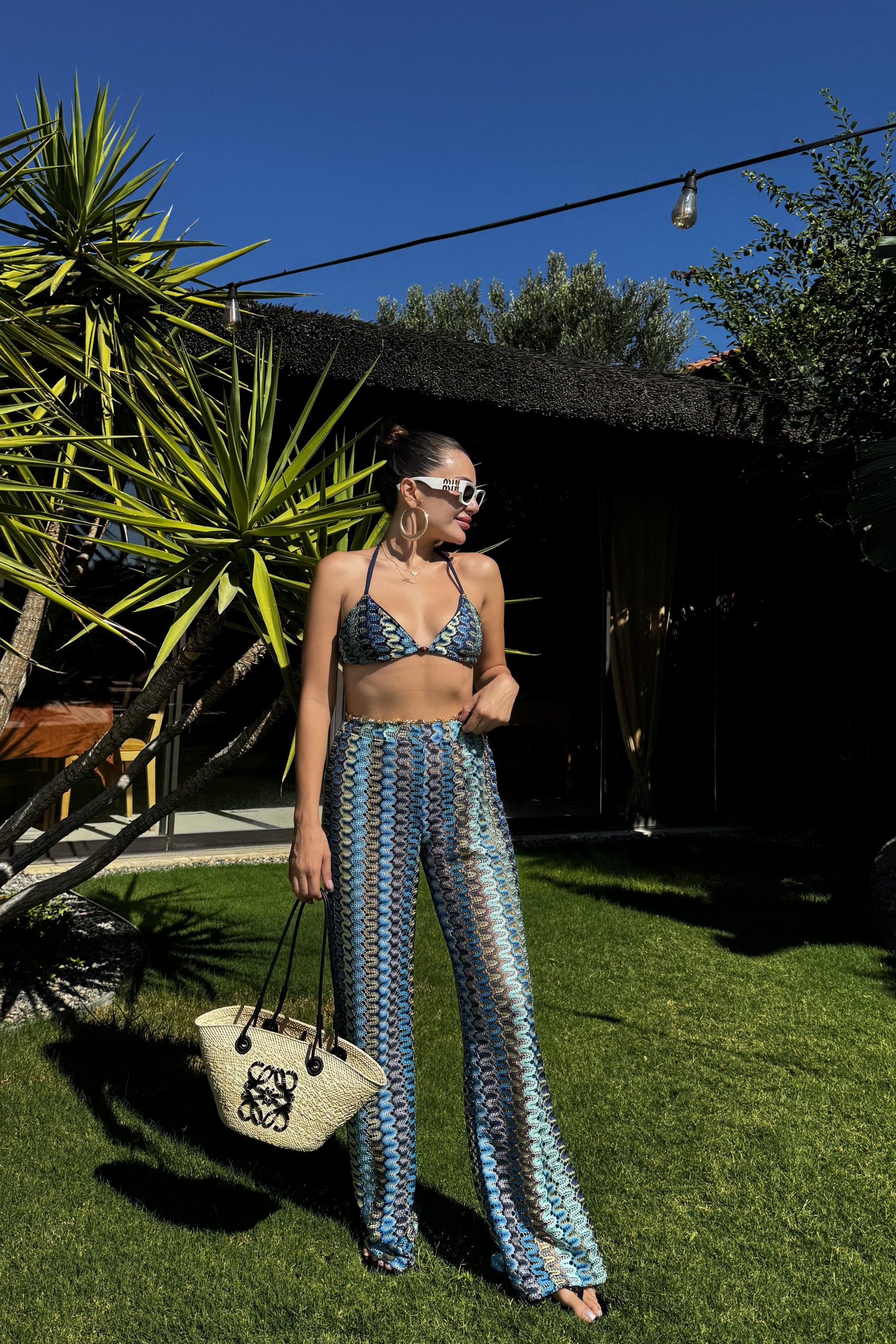 Caspian Mavi Desenli Örgü Büstiyer Pantolon Takım