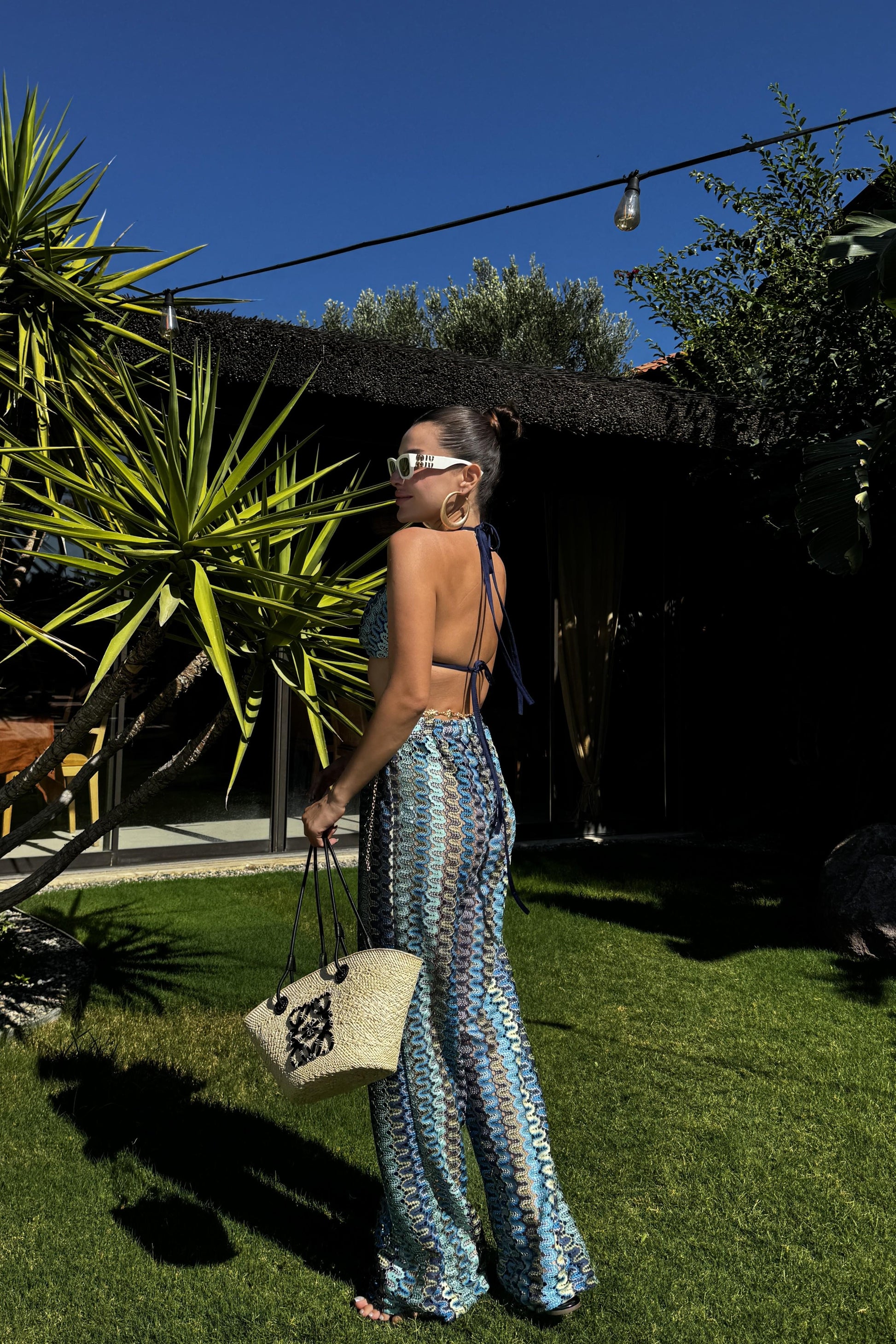 Caspian Mavi Desenli Örgü Büstiyer Pantolon Takım