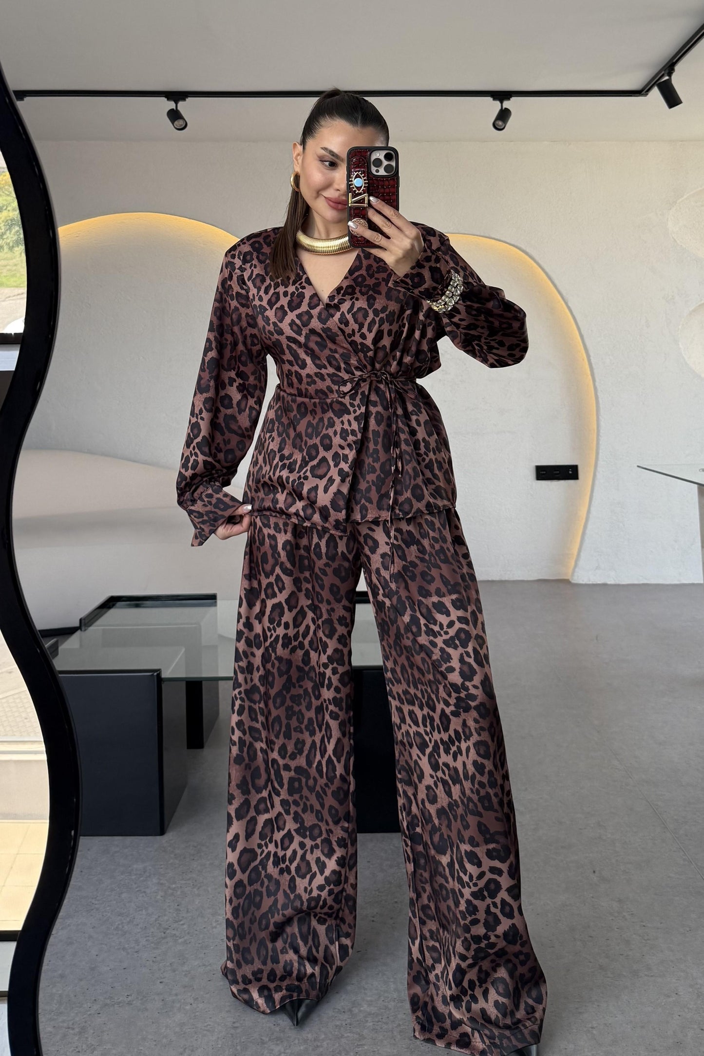 Castro Kahve Saten Leopar Takım