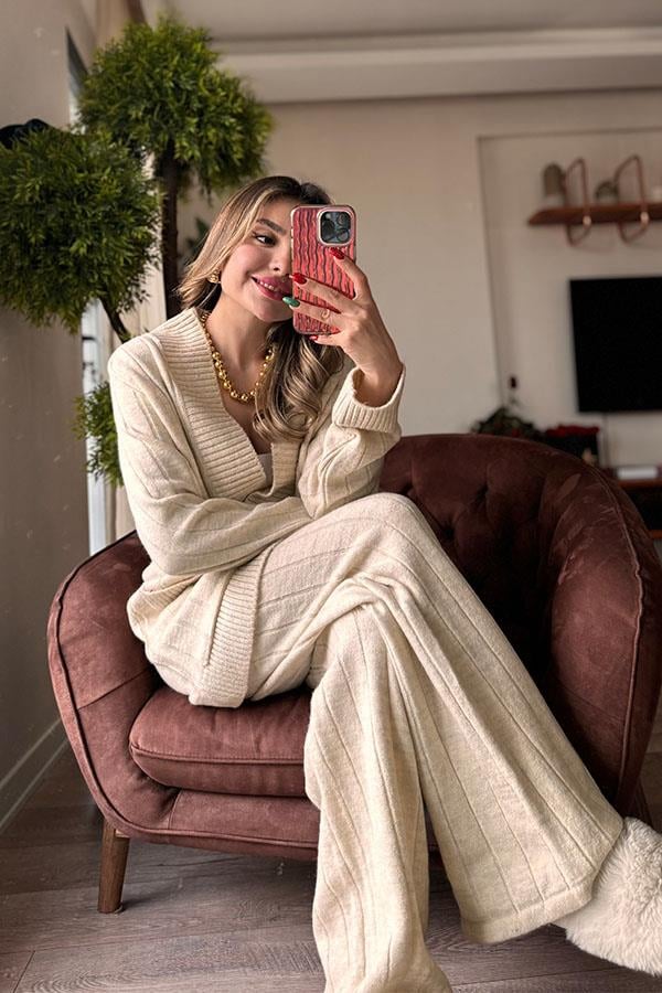 Cat Heel Hırka Pantolon Triko Takım - Krem