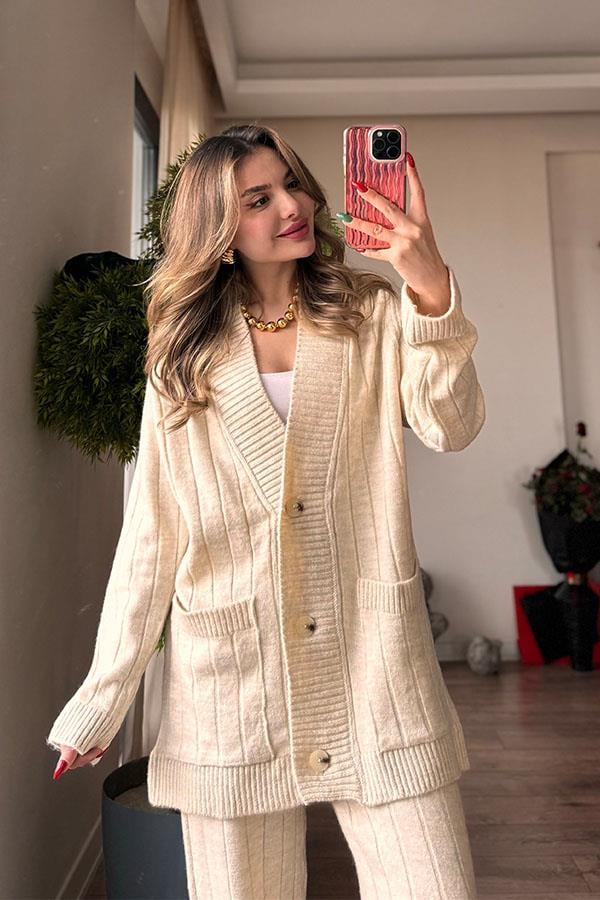 Cat Heel Hırka Pantolon Triko Takım - Krem