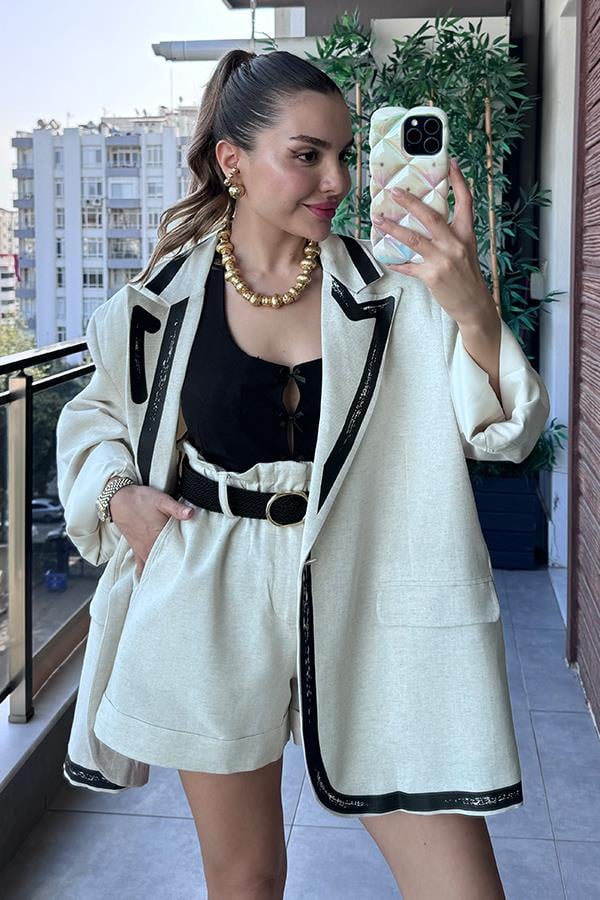Catherine Siyah Şerit Detaylı Keten Blazer Ceket