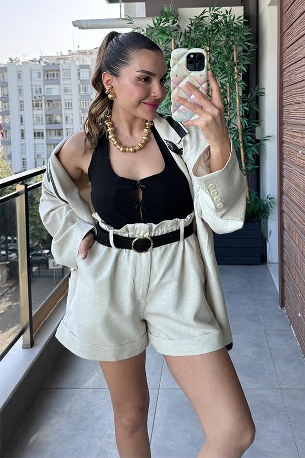 Catherine Siyah Şerit Detaylı Keten Blazer Ceket