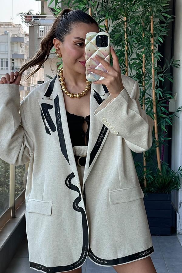 Catherine Siyah Şerit Detaylı Keten Blazer Ceket