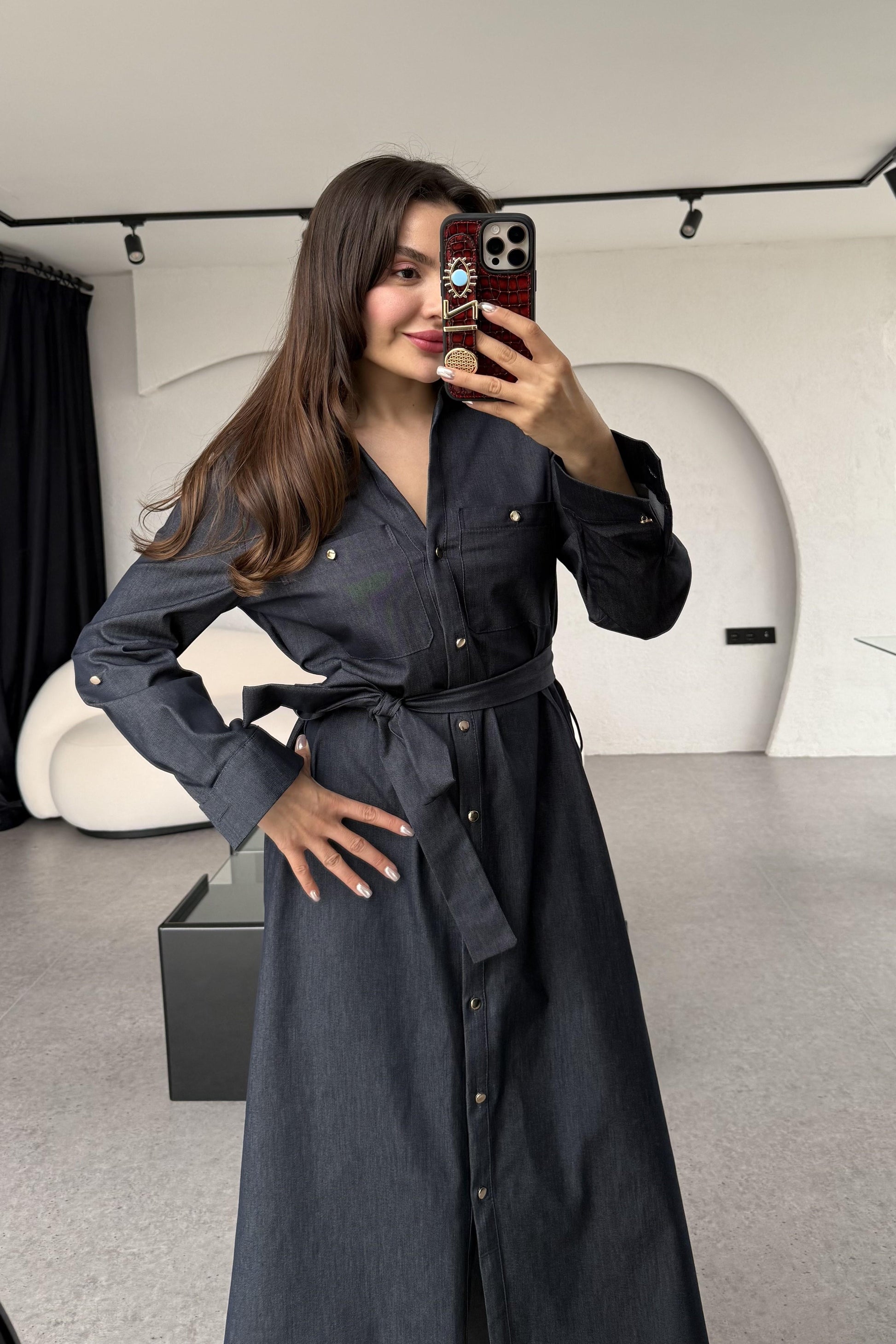 Cayla Kuşaklı Denim Maxi Elbise