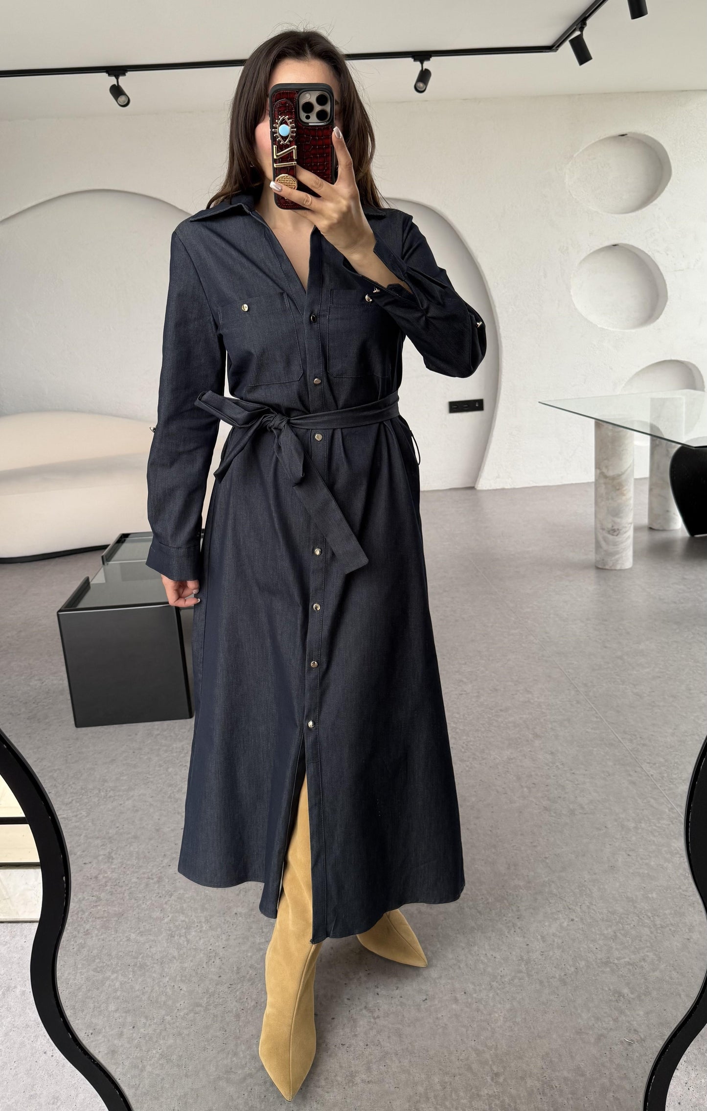 Cayla Kuşaklı Denim Maxi Elbise