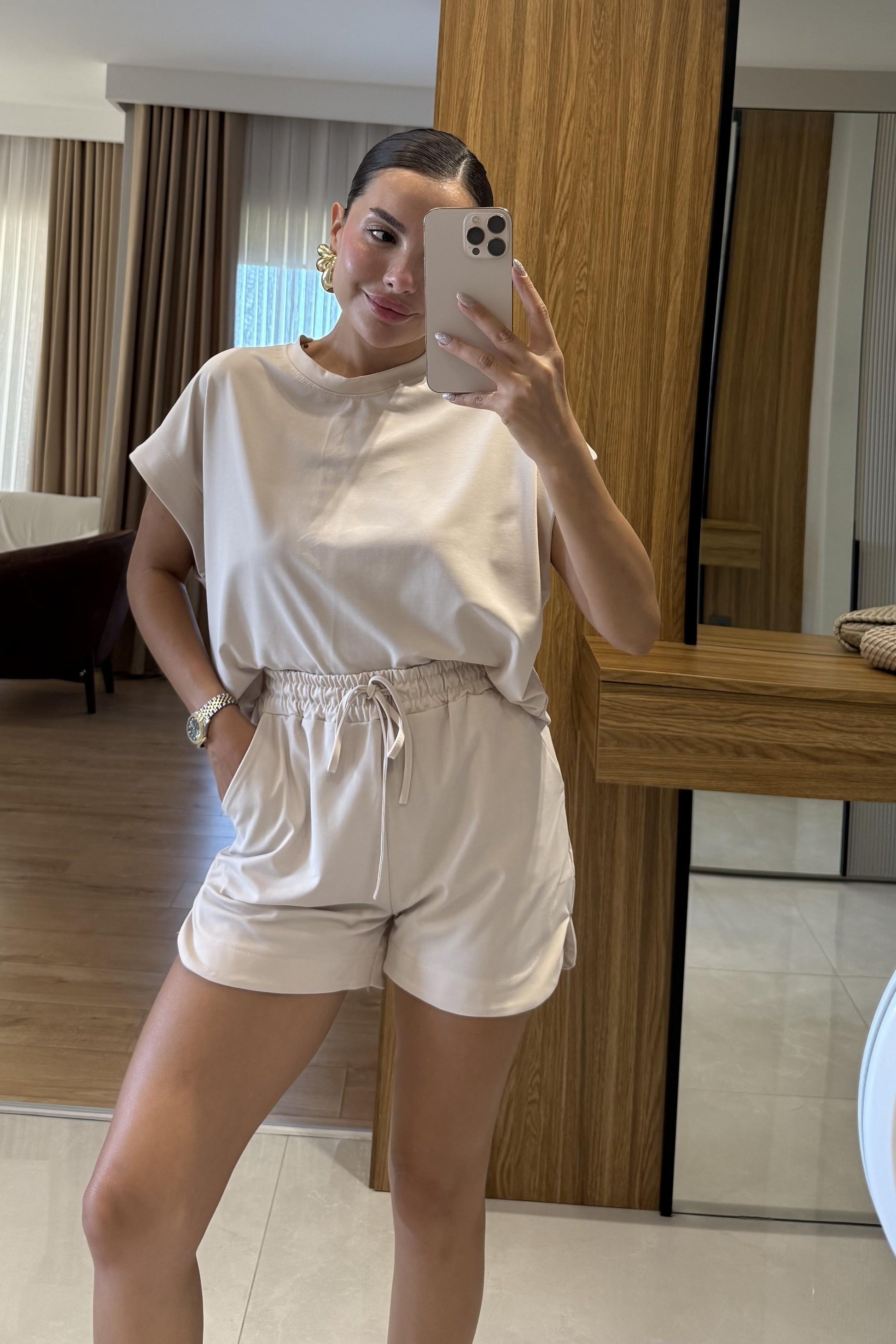 Cedric Krem Tshirt Şort Modal Takım