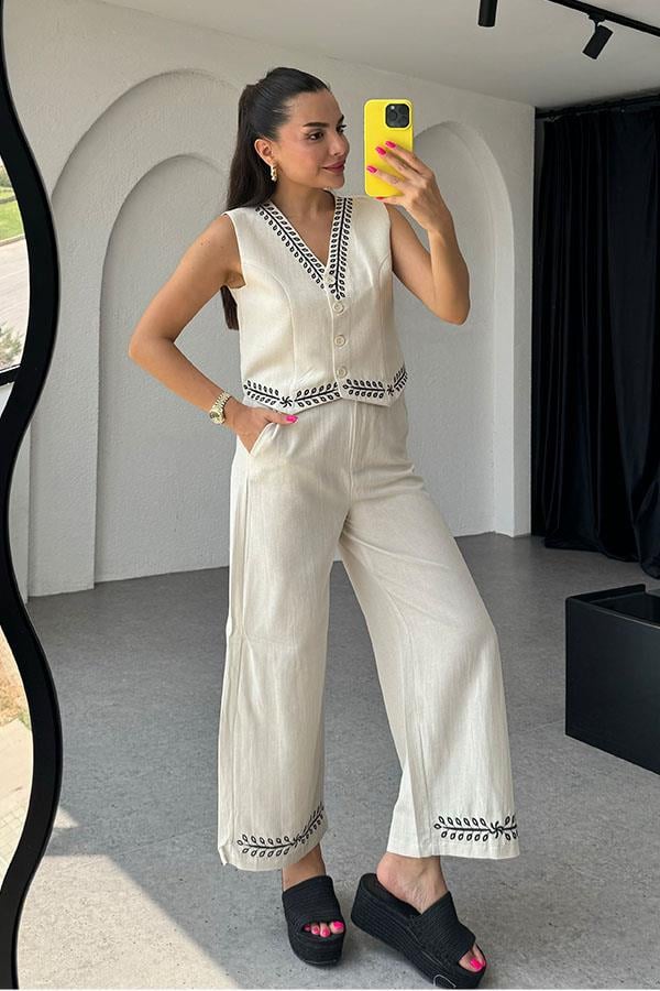 Ceille Nakış Detaylı Keten Pantolon Yelek Takım