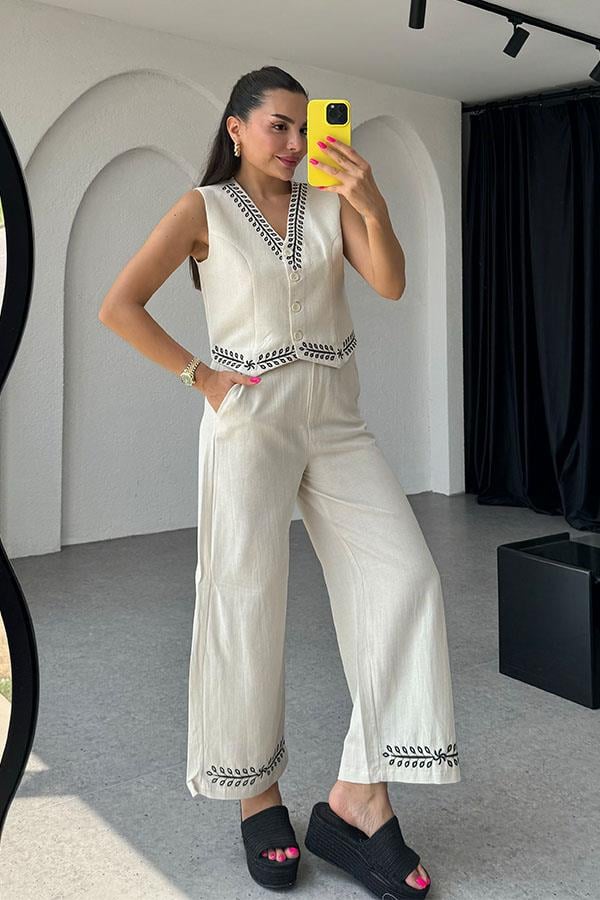Ceille Nakış Detaylı Keten Pantolon Yelek Takım