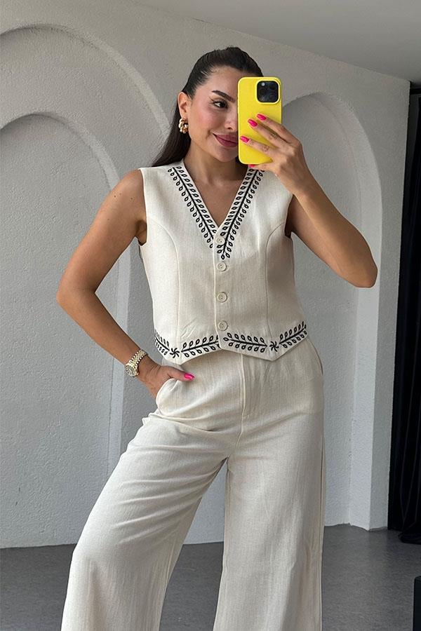 Ceille Nakış Detaylı Keten Pantolon Yelek Takım