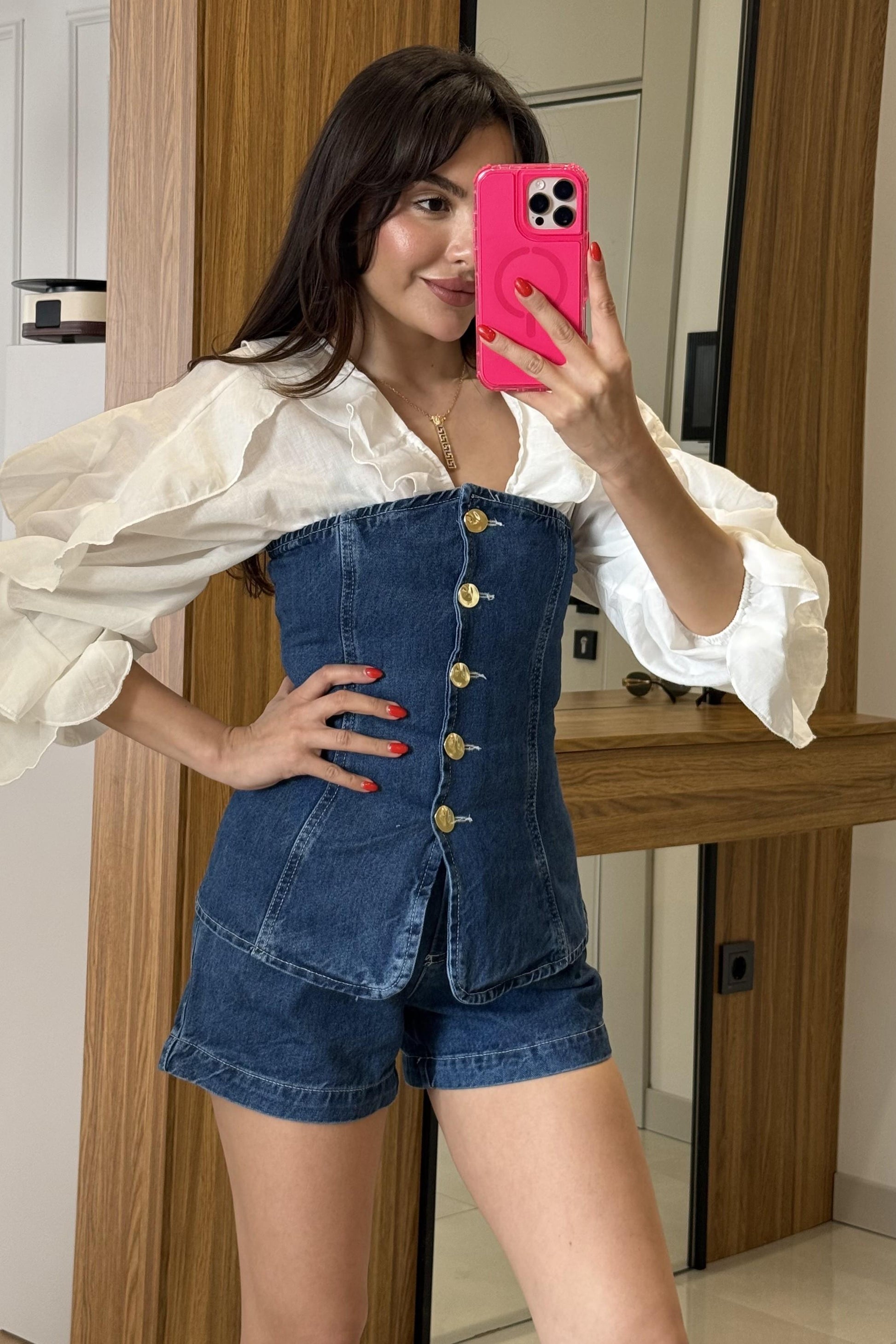 Celery Gold Düğmeli Denim Şortlu Takım