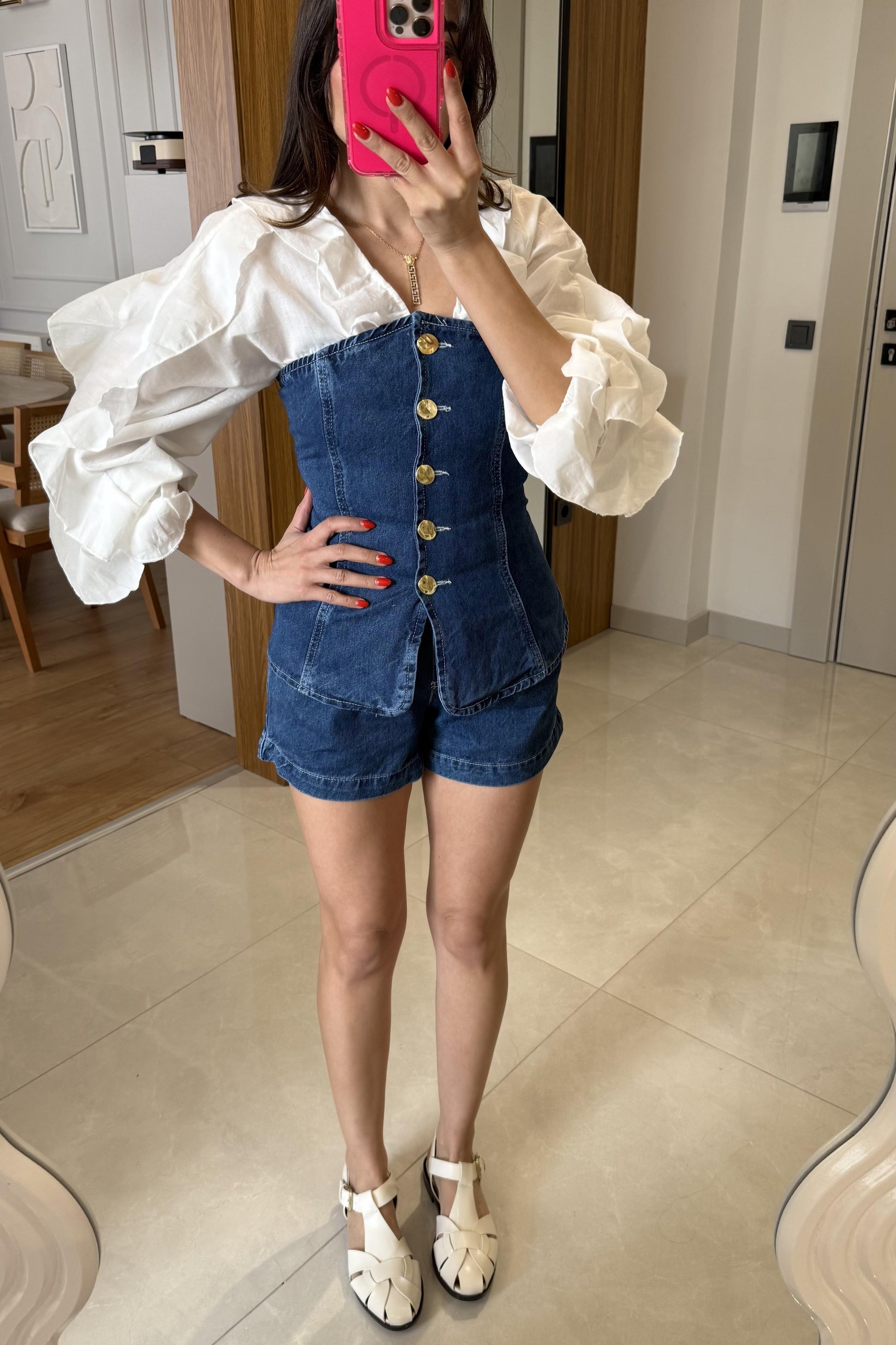 Celery Gold Düğmeli Denim Şortlu Takım