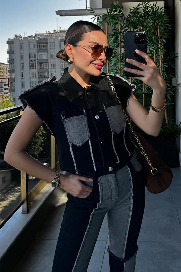 Celia Çift Renk Denim Yelekli Takım