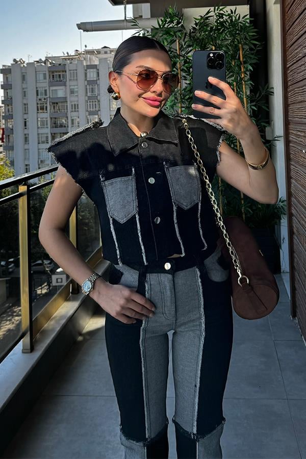 Celia Çift Renk Denim Yelekli Takım
