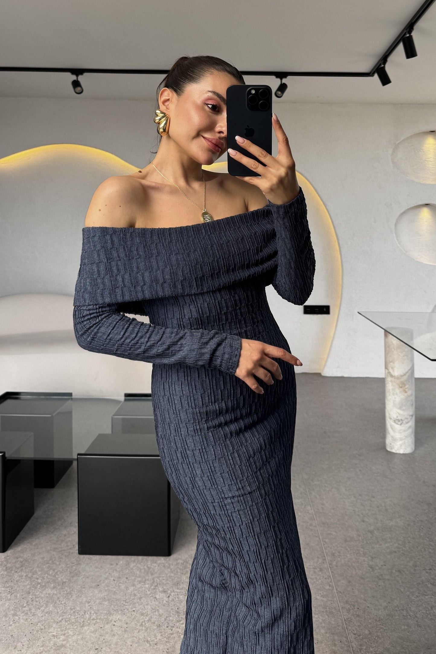 Celosia Madonna Yaka Desenli Uzun Elbise