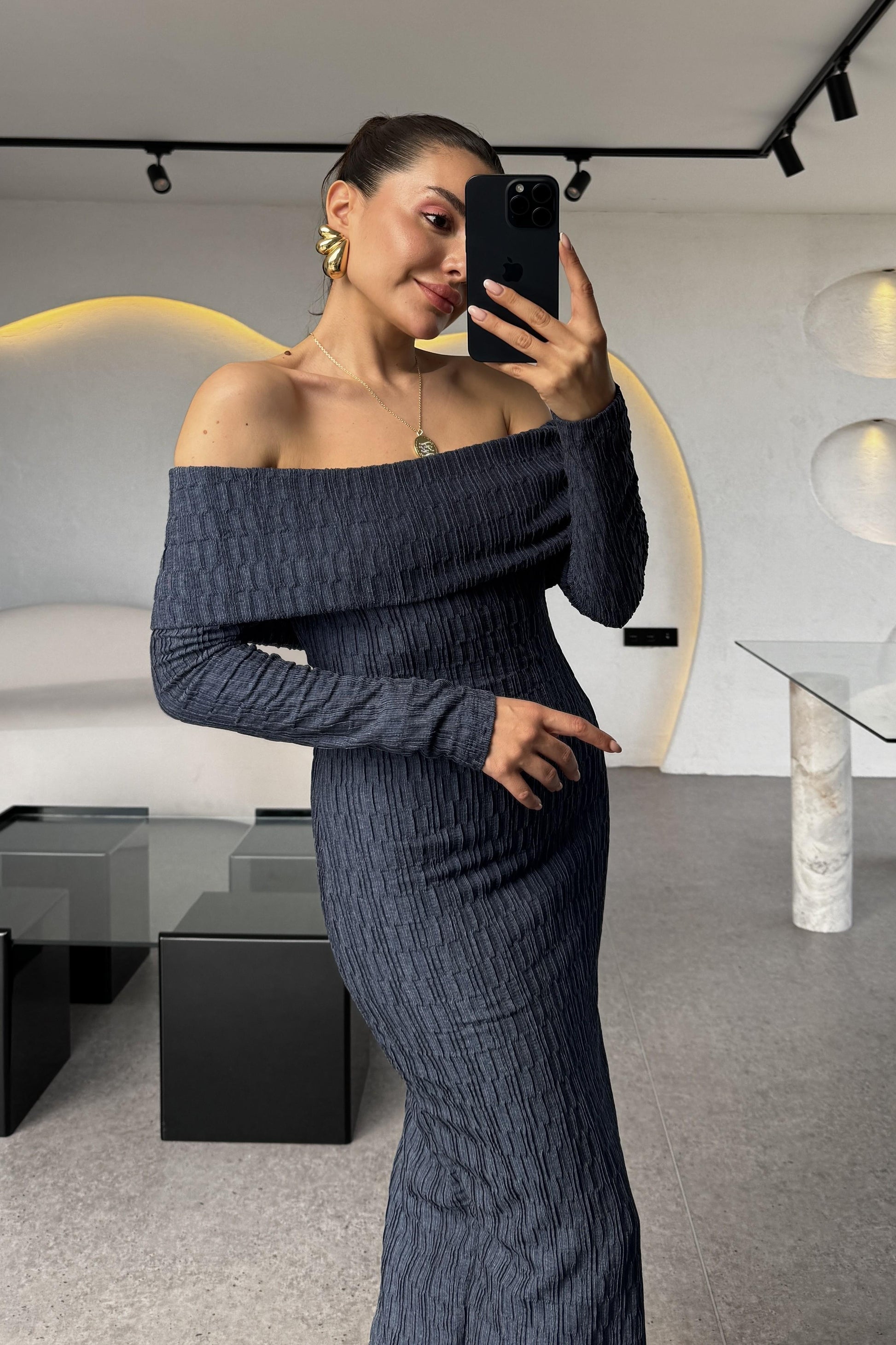 Celosia Madonna Yaka Desenli Uzun Elbise