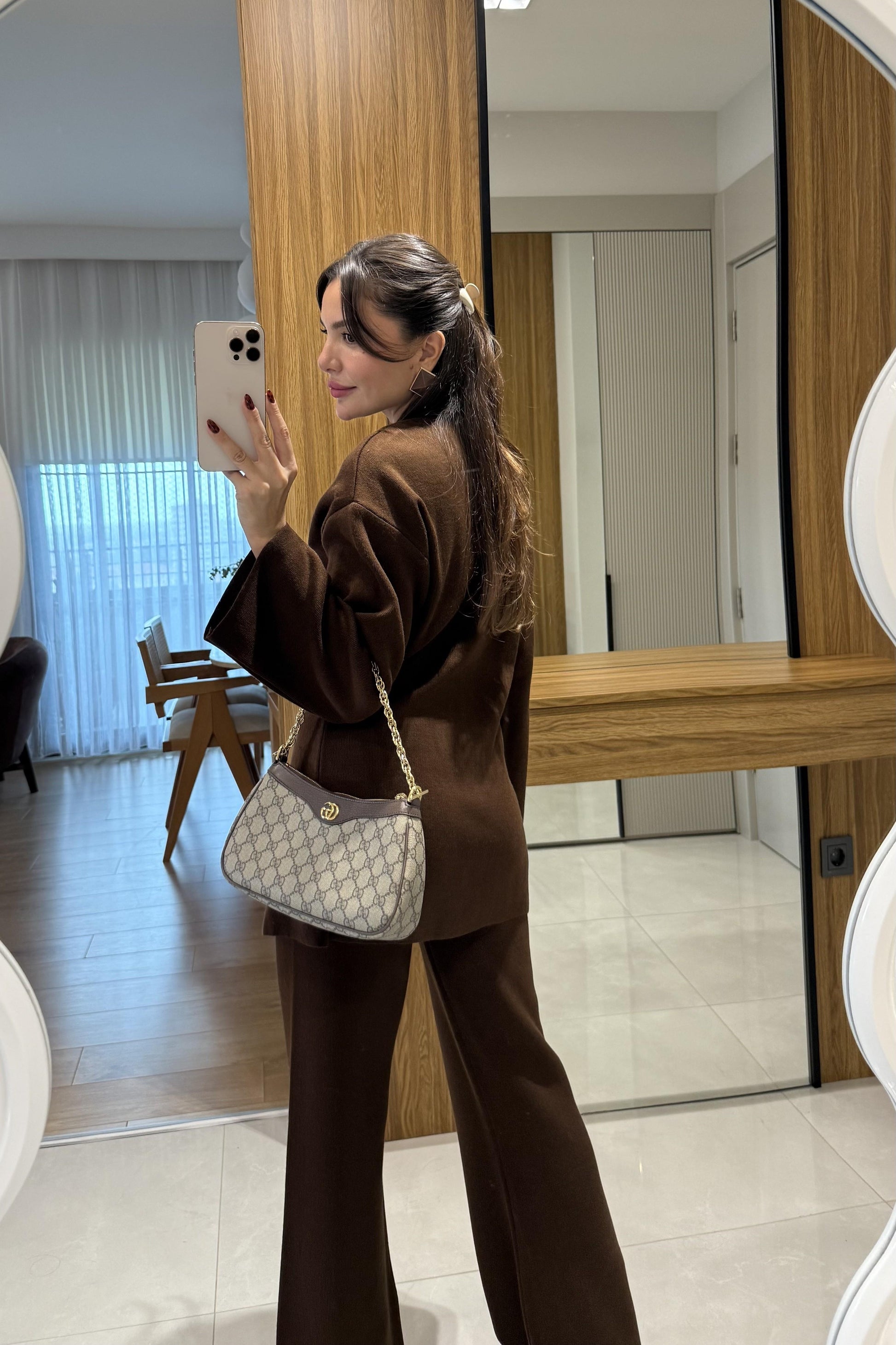 Cendra Kahve Gold Aksesuarlı Triko Takım
