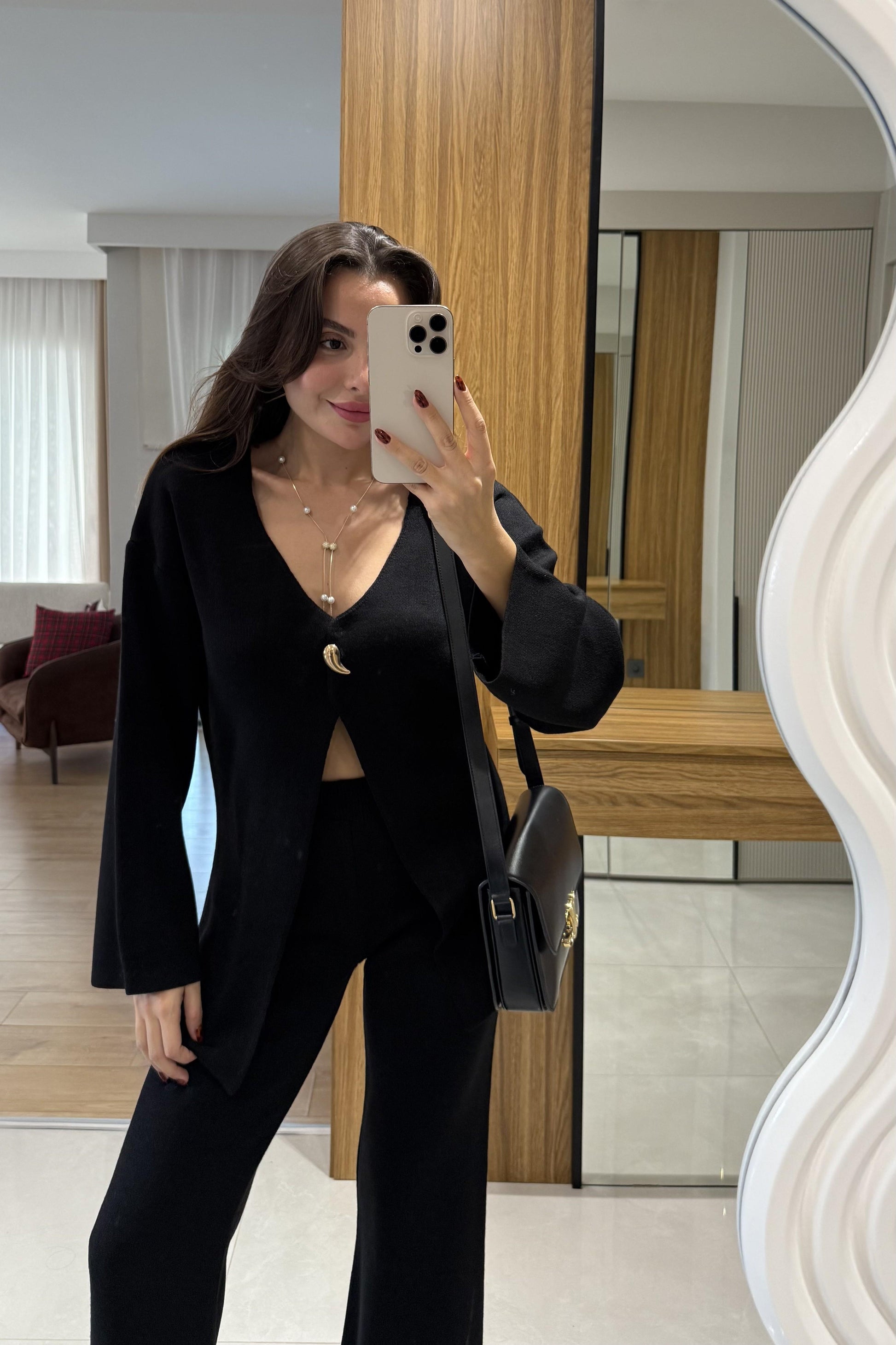 Cendra Siyah Gold Aksesuarlı Triko Takım
