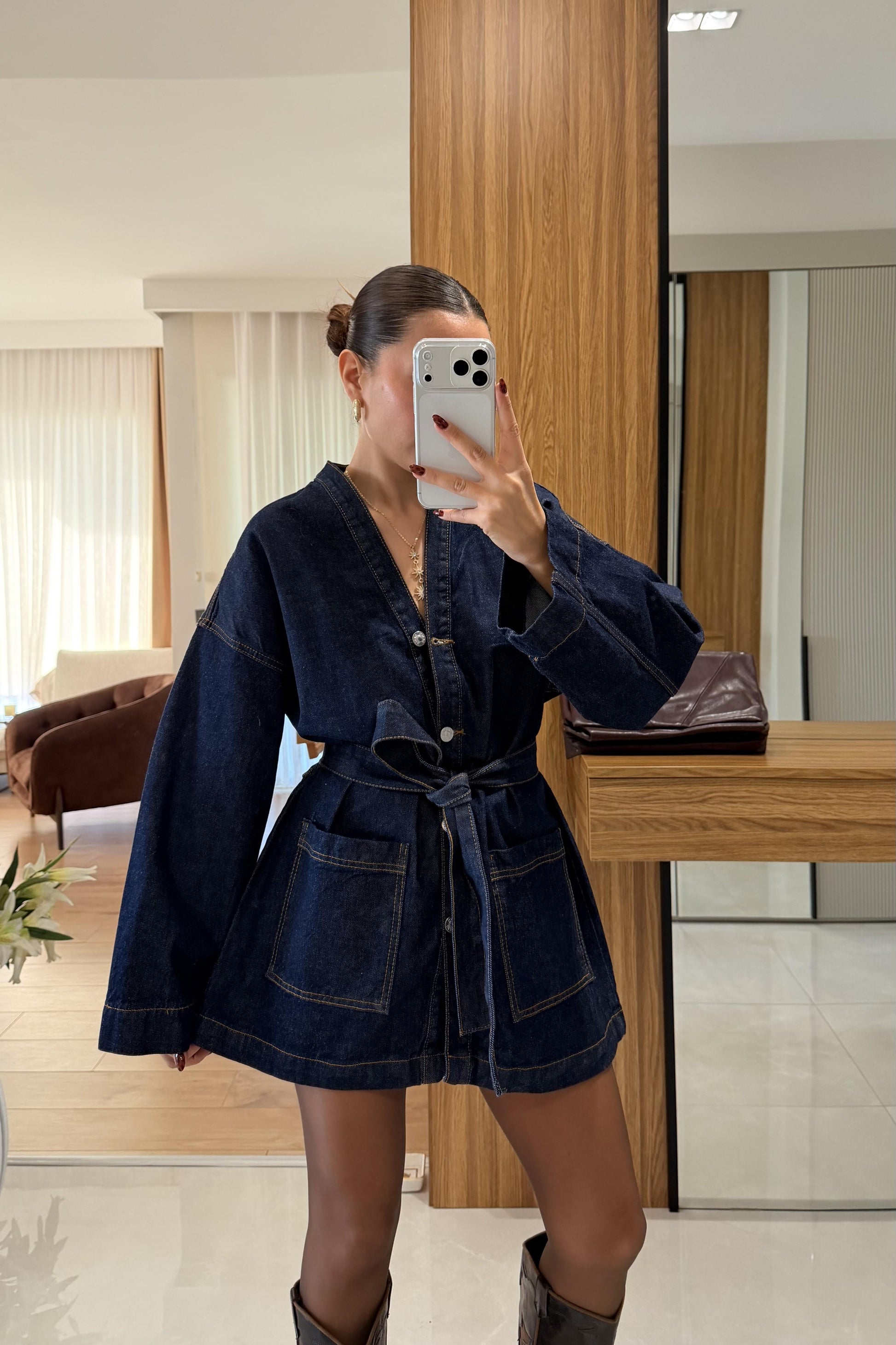 Cendre Denim Kuşaklı Ceket