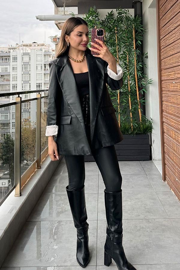 Cetta Siyah Deri Blazer Ceket