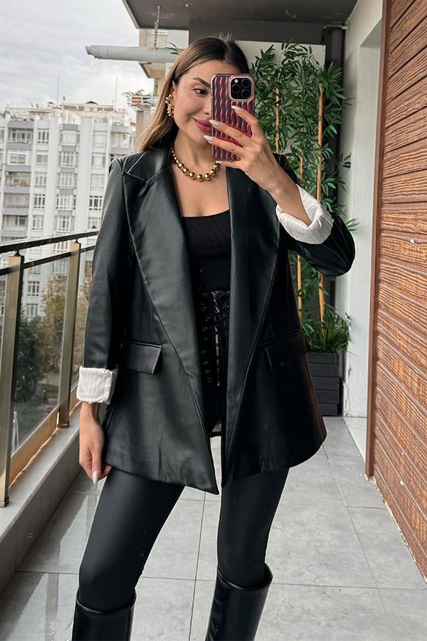 Cetta Siyah Deri Blazer Ceket
