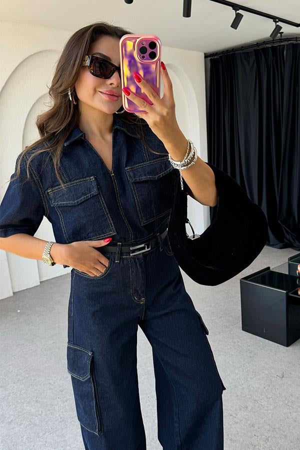 Chain Kontrast Dikişli Denim Takım