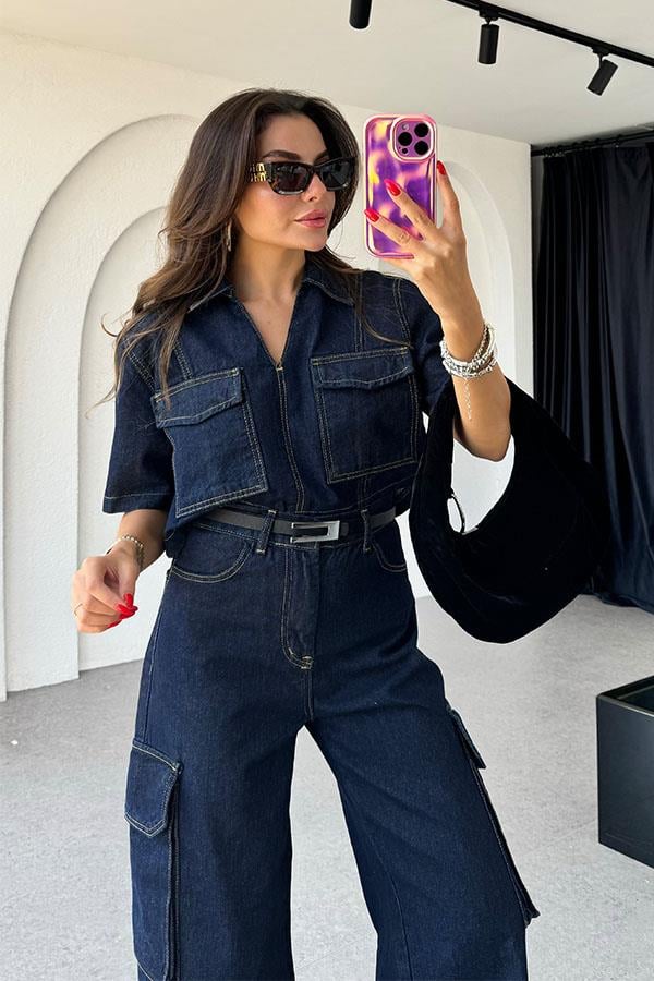 Chain Kontrast Dikişli Denim Takım