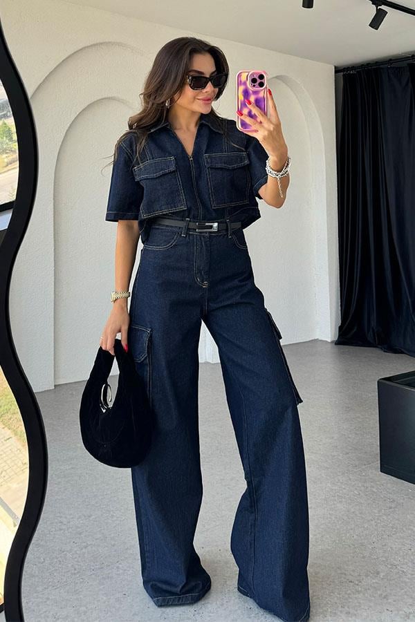 Chain Kontrast Dikişli Denim Takım