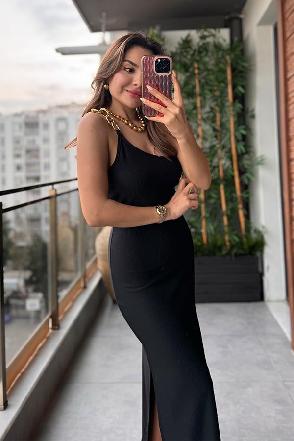 Cham Gold Zincir Askılı Fitilli Elbise