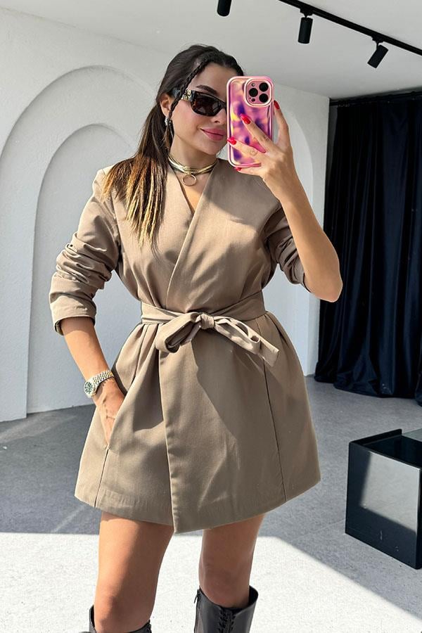 Charlize Bel Kuşaklı Kahve Ceket